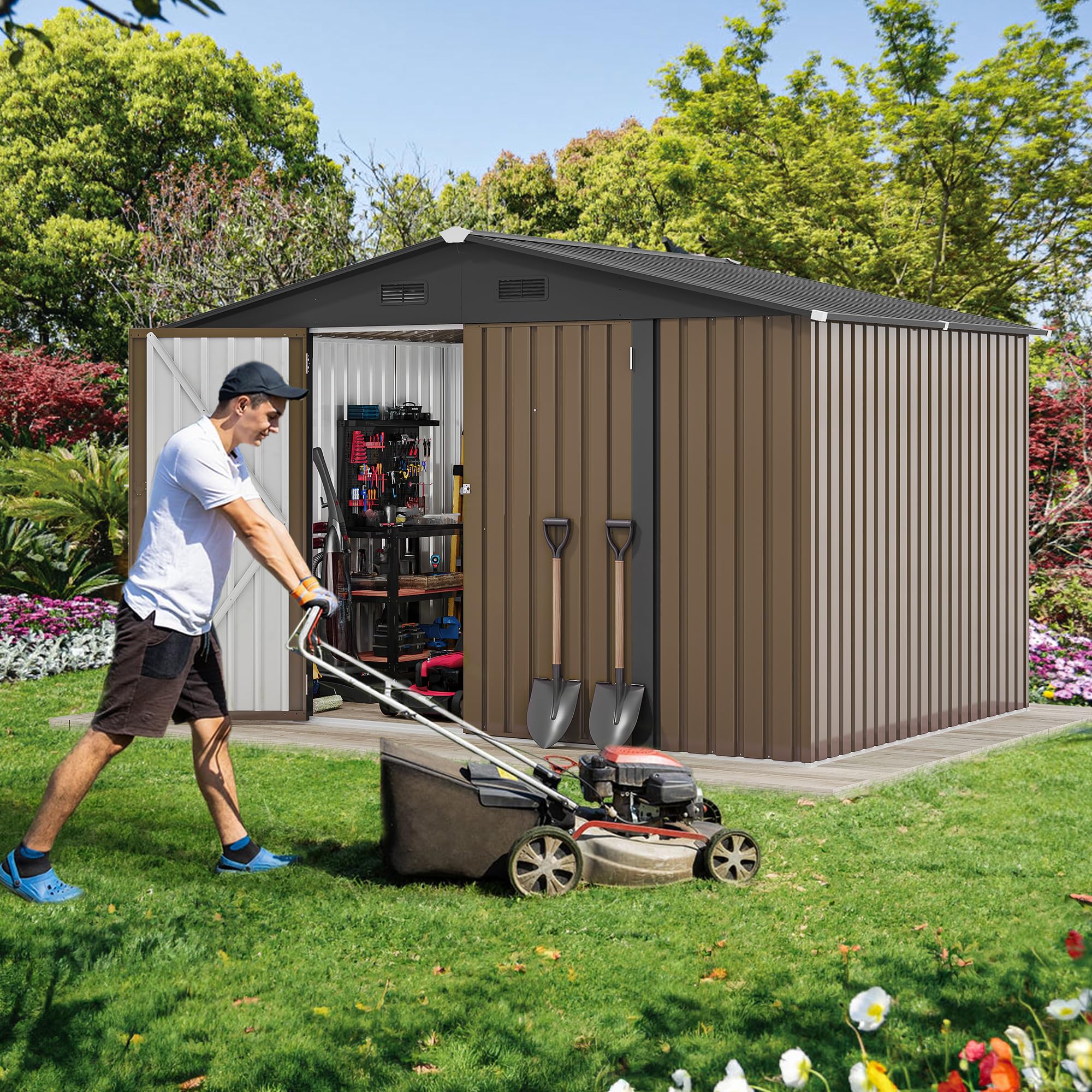 DWVO 10x8FT Outdoor Storage Shed, Spacious Metal Tool Shed with Lockable Doors & Ventilation for Patio, Lawn, and Backyard, Ideal for Storing Garden Equipment, Lawnmowers, and Bicycles, Brown