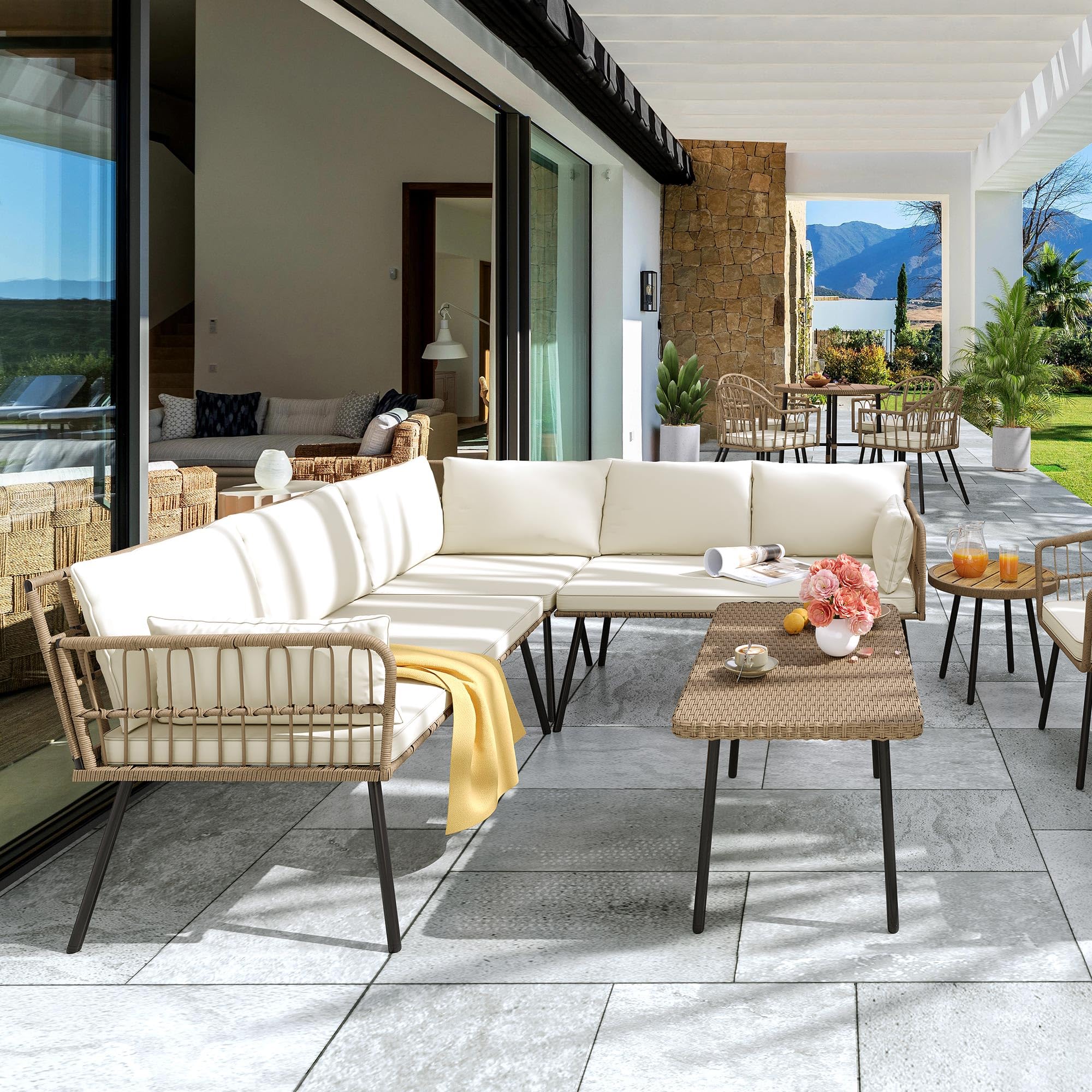YITAHOME 4 Pieces Patio Furniture Set, Outdoor Wicker Woven Conversation Sectional L-Shaped Sofa with 5 Seater for Backyard, Porch, Boho, Detachable Lounger with Side Table - Beige