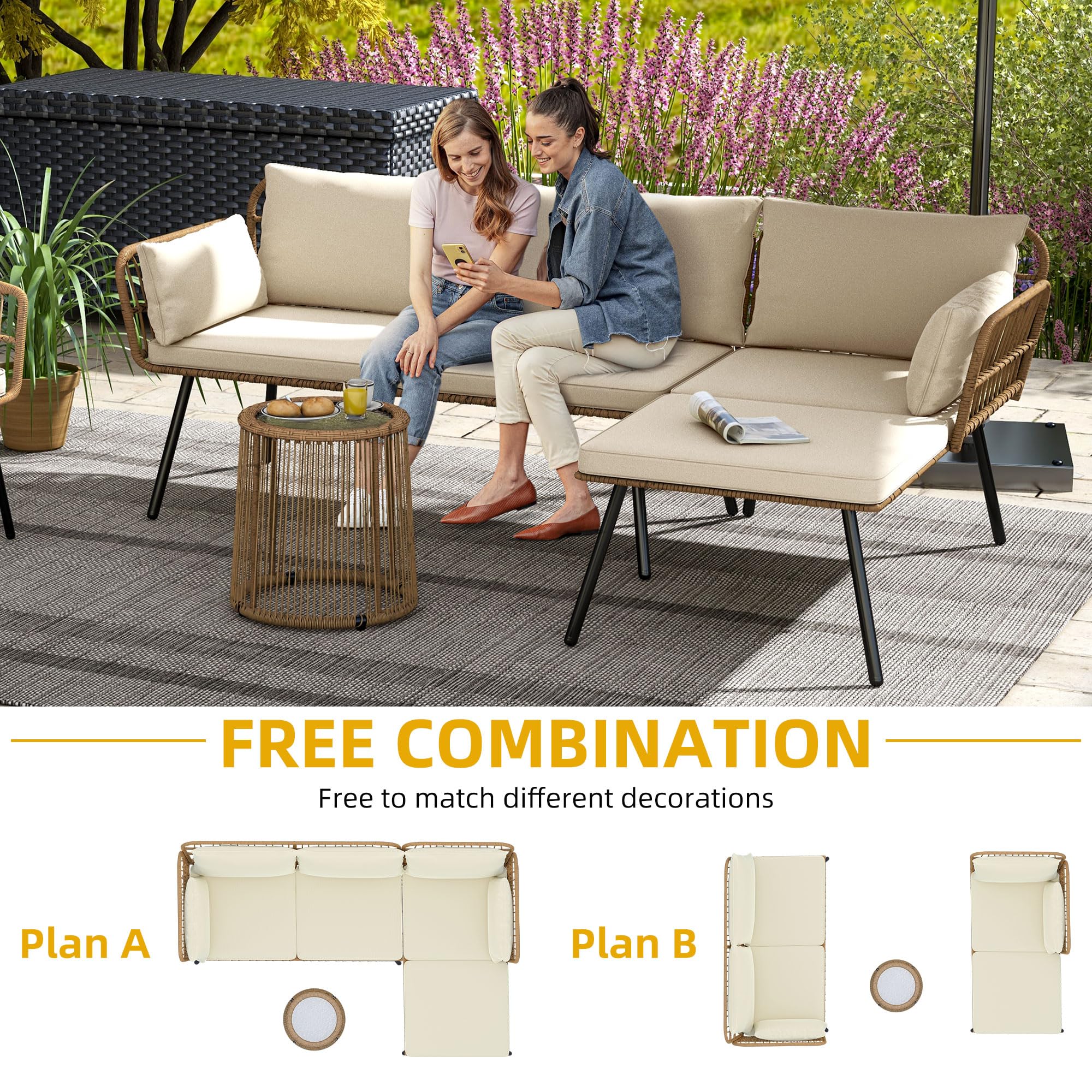 DWVO 3 Pieces Patio Furniture Set, Wicker Conversation Sectional Sofa, L-Shaped Sofa with 4 Seater for Backyard, Porch, Boho Detachable Lounger with Cushions and Coffee Table - Beige