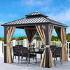 YITAHOME 10x10ft Gazebo Double Roof Hardtop with Nettings and Curtains, Heavy Duty Galvanized Steel Outdoor Vertical Stripes Roof for Patio, Backyard, Deck, Lawns, Brown