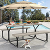 DWVO 6FT Picnic Table, Heavy Duty Outdoor Picnic Table and Bench w/Umbrella Hole, Resin Tabletop & Stable Steel Frame Ideal for Yard Patio Lawn Party, Light Brown