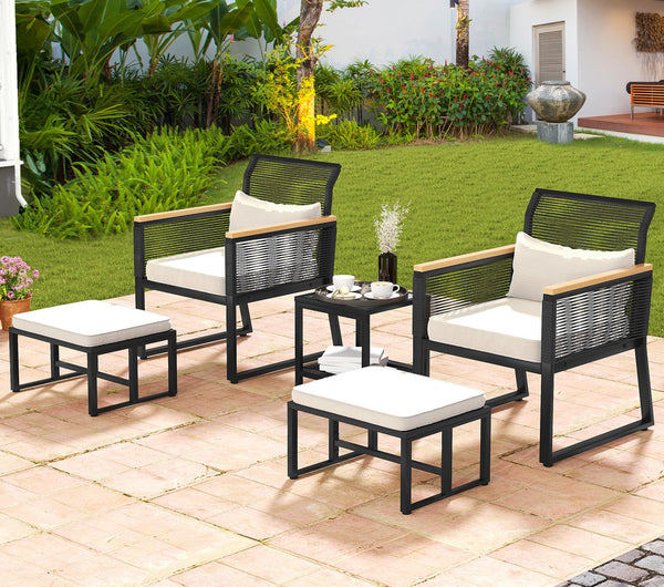 DWVO Patio Bistro Set, 5-Piece Wicker Furniture Set with Armchairs and Tempered Glass Coffee Table, Outdoor Conversation Sectional with Ottoman for Outdoors, Black