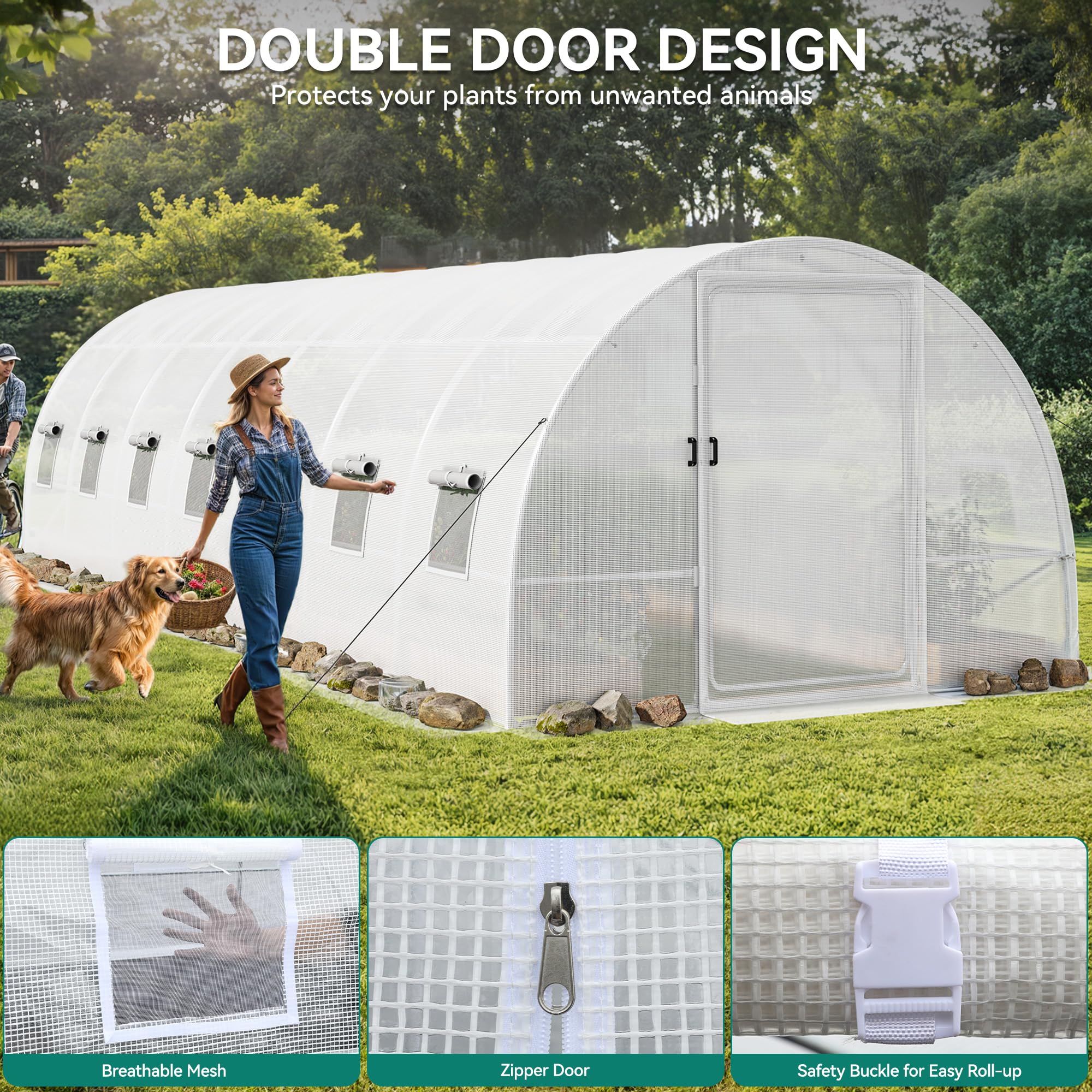 YITAHOME 26x10x7ft Greenhouse Extra Large Heavy Duty Large 2 Swing Doors Walk-in Greenhouses Tunnel Green Houses Outdoor 14 Windows Gardening Upgraded Galvanized Steel Garden, White