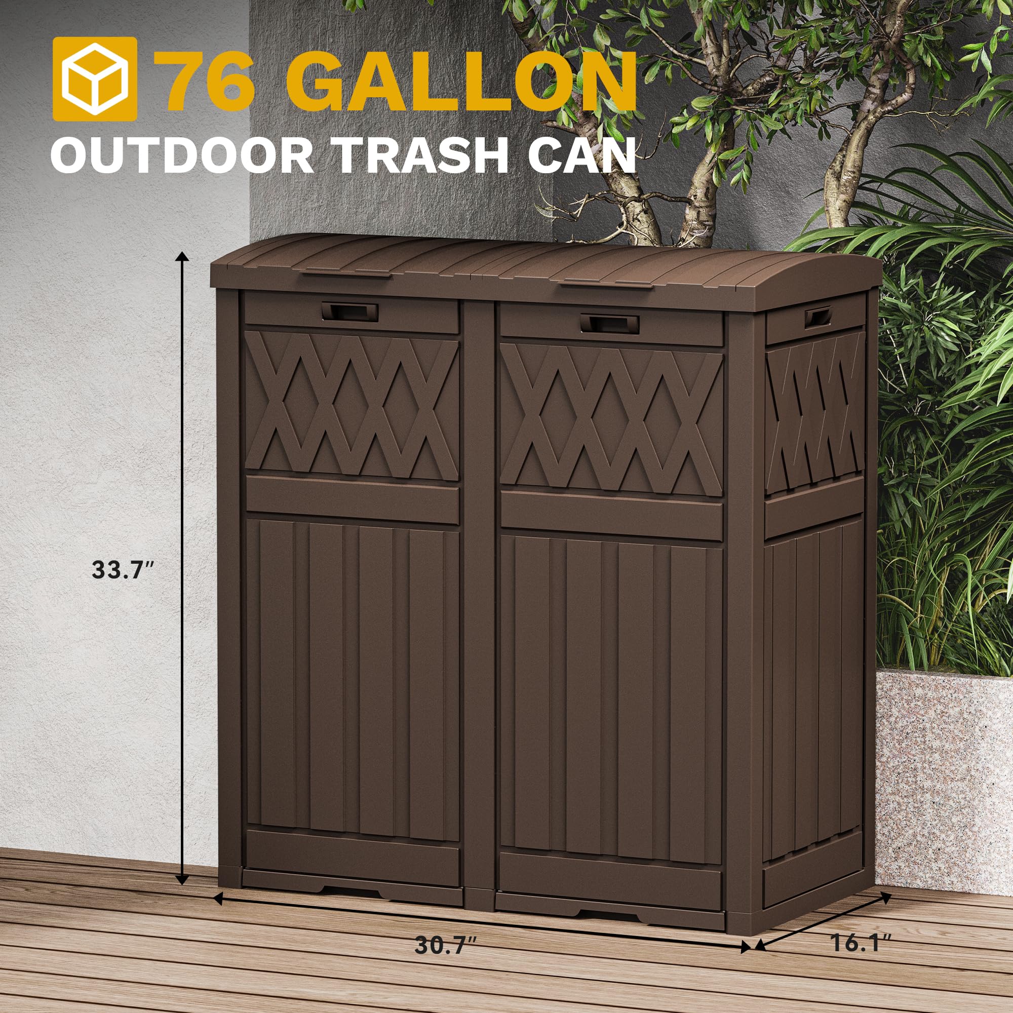 DWVO 76 Gallon Garbage Dual Can, Resin Outdoor Trash Can with Tiered Lid and Drip Tray, Waterproof Trash Bin for Patio, Kitchen, Backyard(Brown)