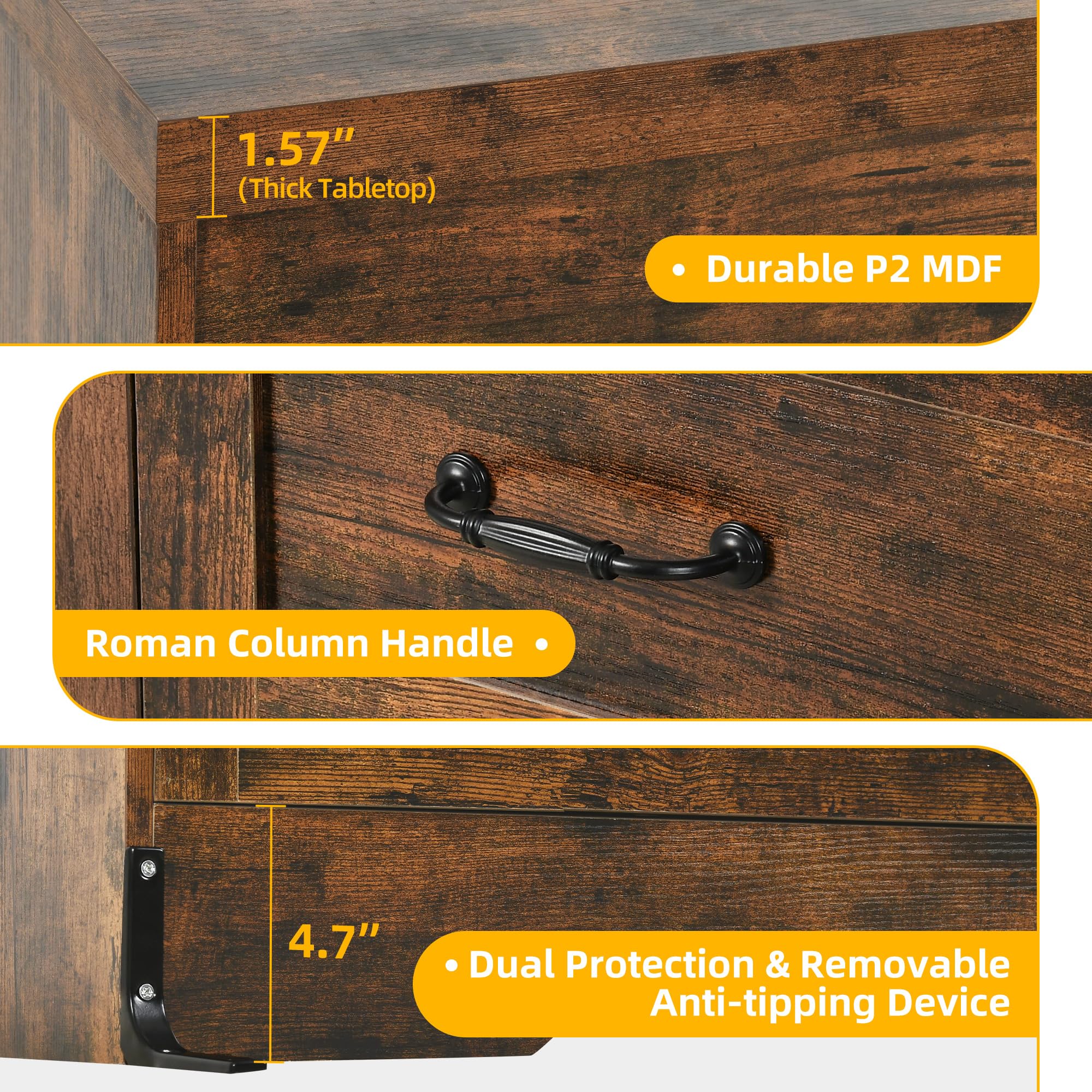 DWVO Farmhouse 6 Drawer Dresser for Bedroom, 31.5 Inch Tall Modern Dresser TV Stand with Large Drawers & Bar Handles, Storage Dressers with Power Outlets, Rustic Wood Chest of Drawers, Rustic Brown