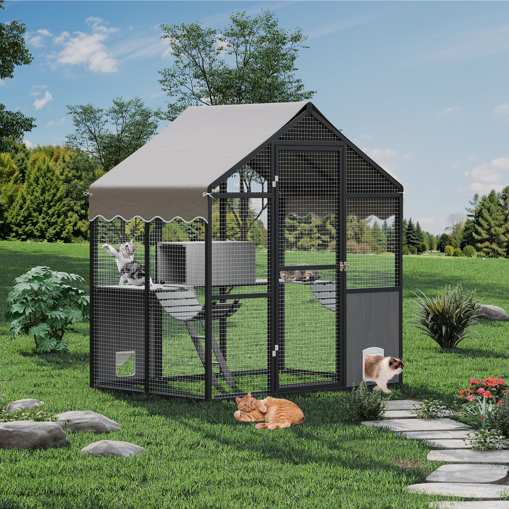 Aluminum Walk-In Large Outdoor Cat Enclosure, Large Outdoor Catio for Multiple Cats, Outside Cattery with Weatherproof Roof with Channels, Side Door, UV Proof Cover, Huge Condo, Platform