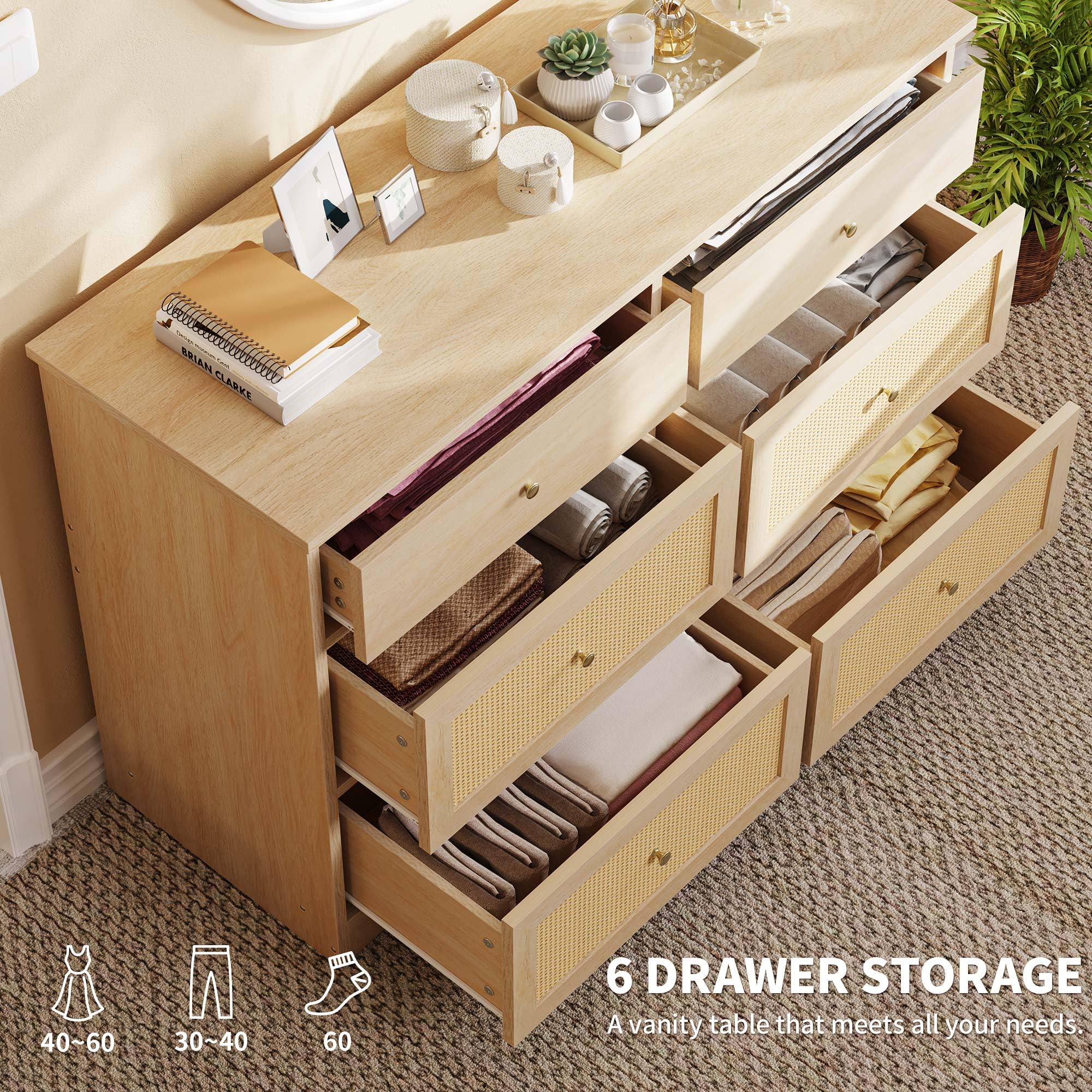 DWVO 6 Drawer Dressers & Chests of Drawers, Rattan Dresser for Room, Entryway, Hallway, Natural