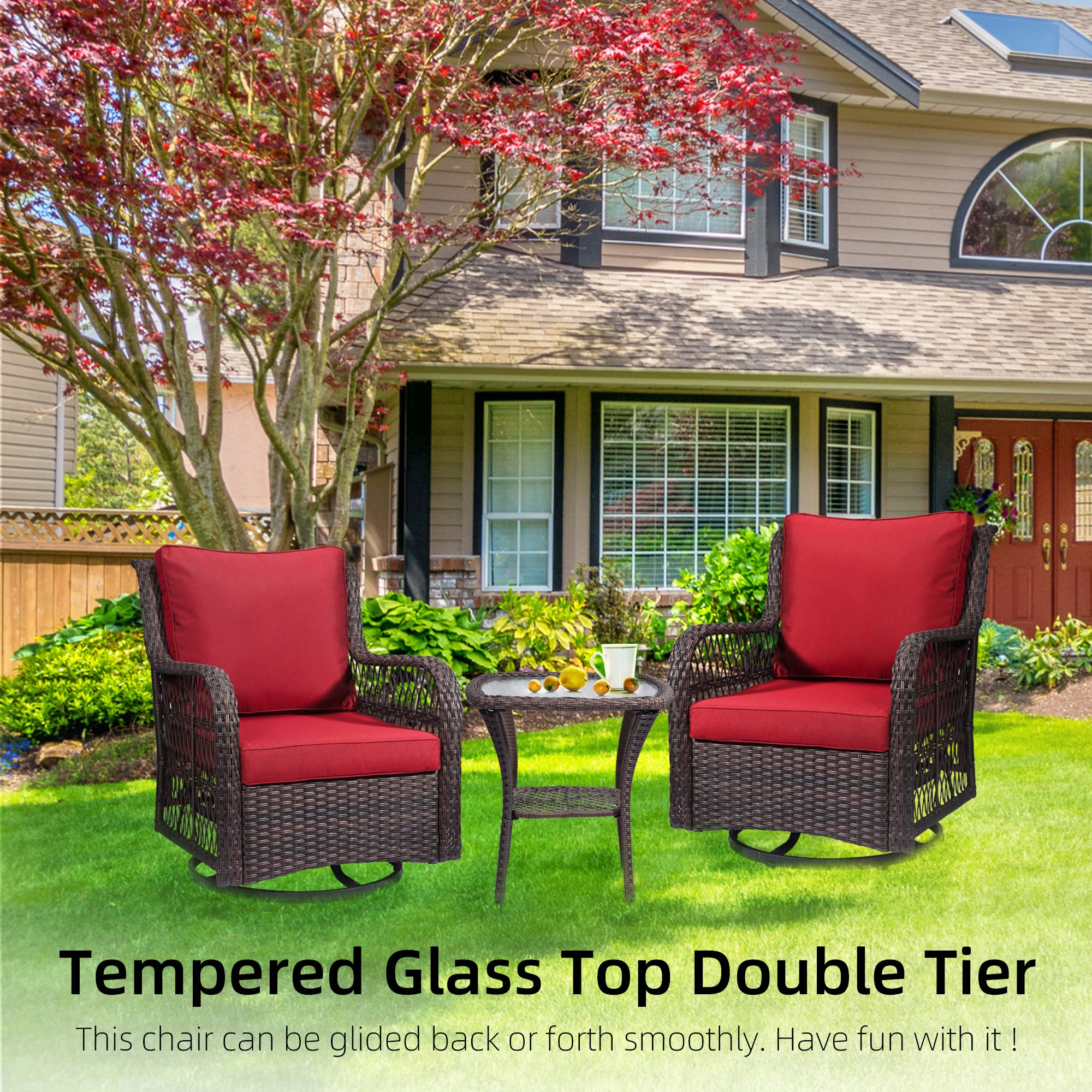3-Piece Outdoor Wicker Patio Bistro Set w/ 2 360-Degree Swivel Rocking Chairs and Tempered Glass Top Side Table, 360° Swivel Patio Furniture for Backyard, Porch, Deck, Balcony, Garden, Red