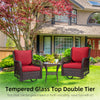 3-Piece Outdoor Wicker Patio Bistro Set w/ 2 360-Degree Swivel Rocking Chairs and Tempered Glass Top Side Table, 360° Swivel Patio Furniture for Backyard, Porch, Deck, Balcony, Garden, Red