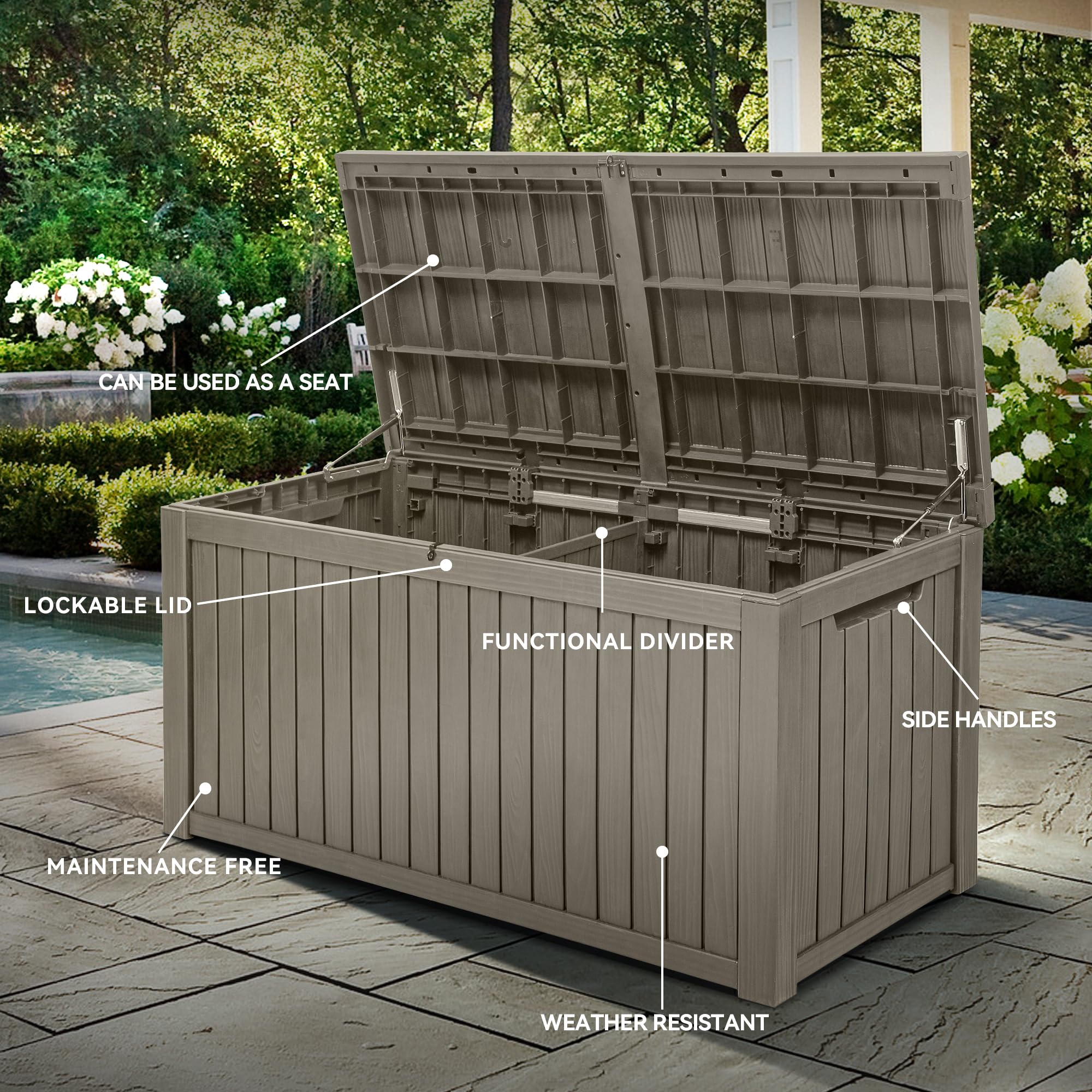 YITAHOME 180 Gallon XL Outdoor Storage Deck Box with Divider, Waterproof & Lockable, Ideal for Patio Furniture and Garden Tools, Resin-Built, Wood-Like Texture, Brown