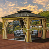 YITAHOME 10x10ft Hardtop Gazebo with Nettings and Curtains, Wood Grain Heavy Duty Double Roof Galvanized Steel Outdoor Combined of Vertical Stripes Roof for Patio, Backyard, Deck, Lawns, Brown