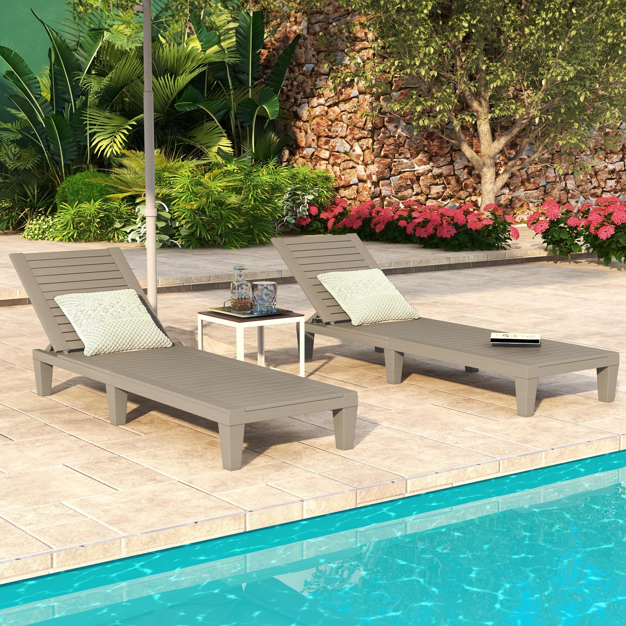 DWVO Outdoor Chaise Lounge, Pool Lounge Chair Set of 4 w/ 5-Level Backrest, Waterproof & Easy Assembly Patio Lounge Chair for Garden, Pool, and Beach (Taupe)