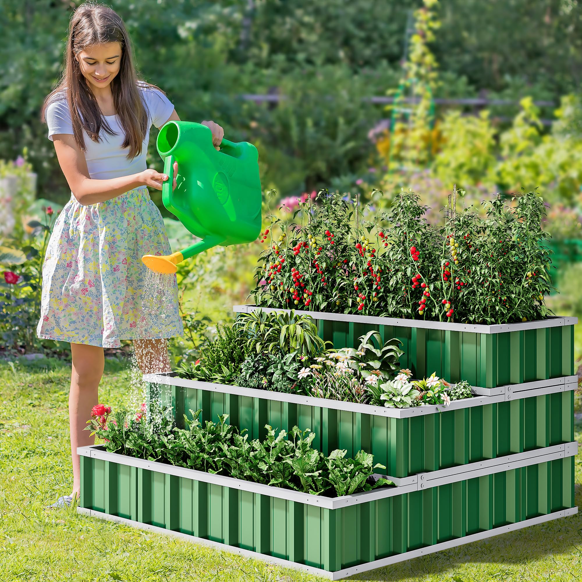YITAHOME 4x4x2FT 3 Tiers Large Raised Garden Bed, 3 Installation Methods for DIY Outdoor Metal Patio Planter Box with Gloves and Reinforced Frame for Deep-Rooted Plants Vegetables Flowers (Green)