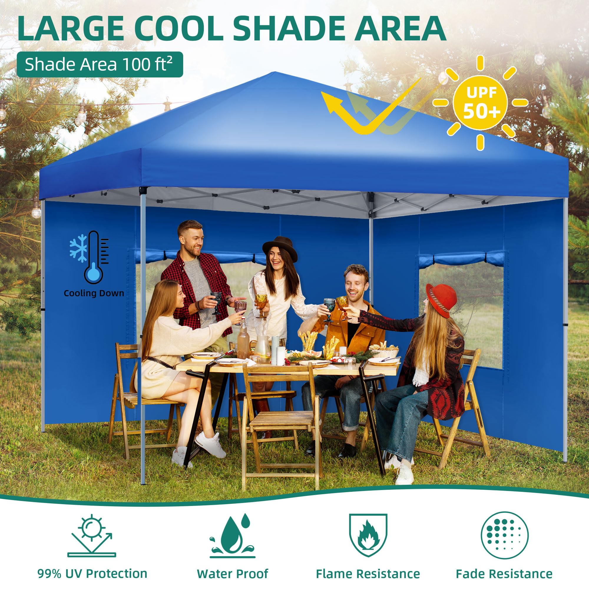 YITAHOME 10x10 Pop Up Canopy with 4 Removable Sidewall, Easy Set-Up Portable Canopy Tents for All Season Wind Gazebo with Roller Bag for Camping Wedding Patio Parties Beach Commerce, Blue