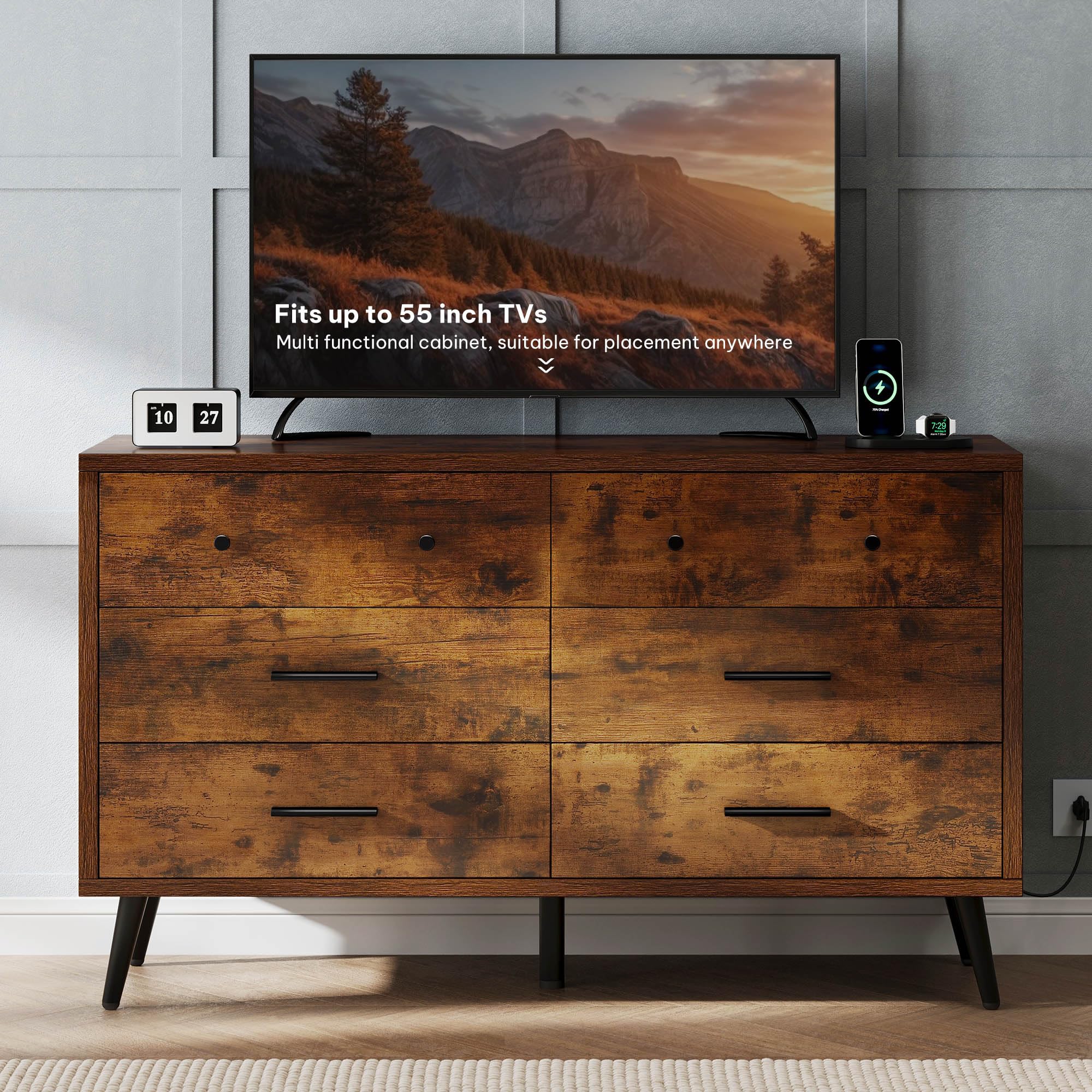 DWVO Rustic Brown 6 Drawer Dresser, 47" W Large Double Dresser Chest of Drawers, Modern Wood Storage Organizer with Black Metal Handles & Anti-Tipping Device for Hallway, Entryway
