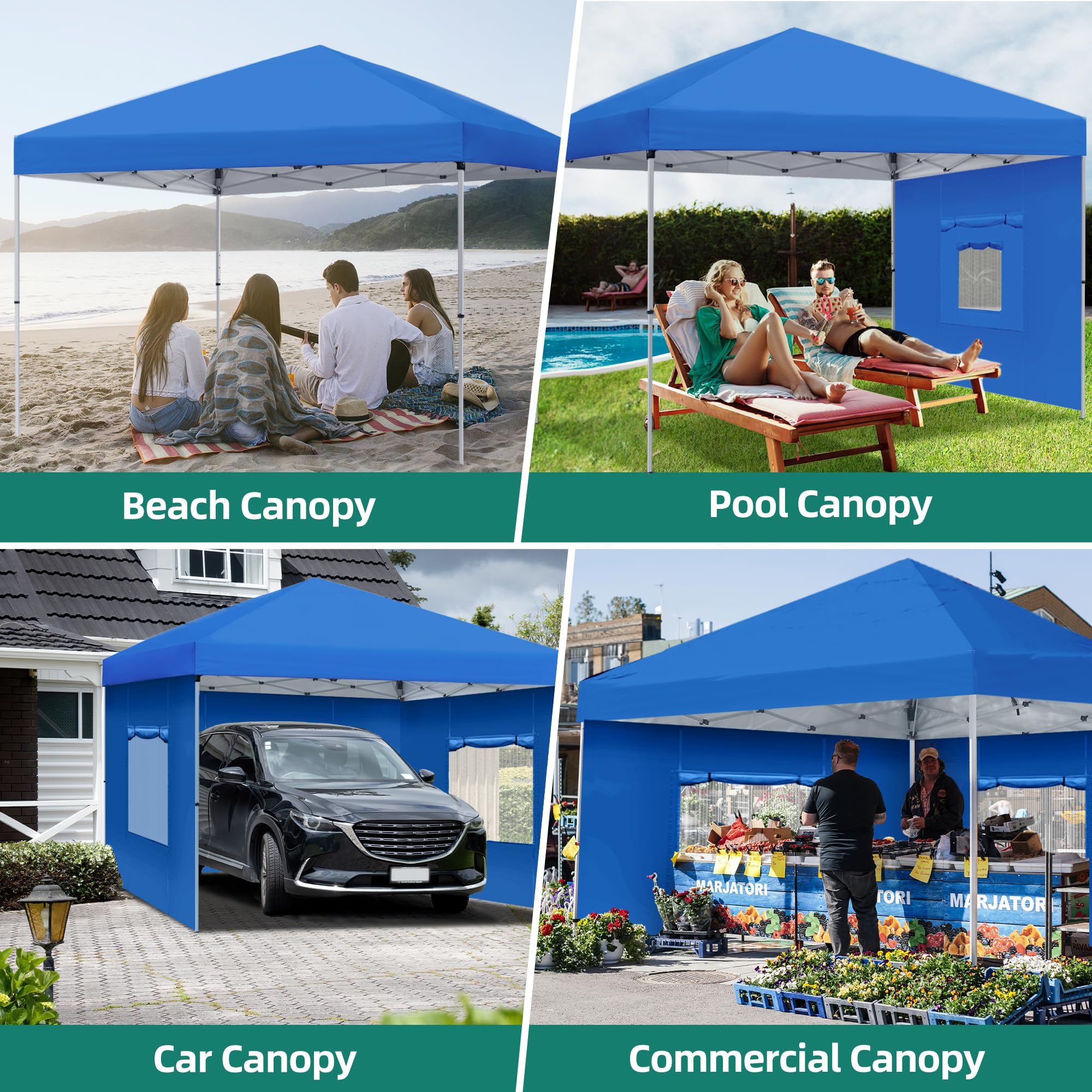 YITAHOME 10x10 Pop Up Canopy with 4 Removable Sidewall, Easy Set-Up Portable Canopy Tents for All Season Wind Gazebo with Roller Bag for Camping Wedding Patio Parties Beach Commerce, Blue
