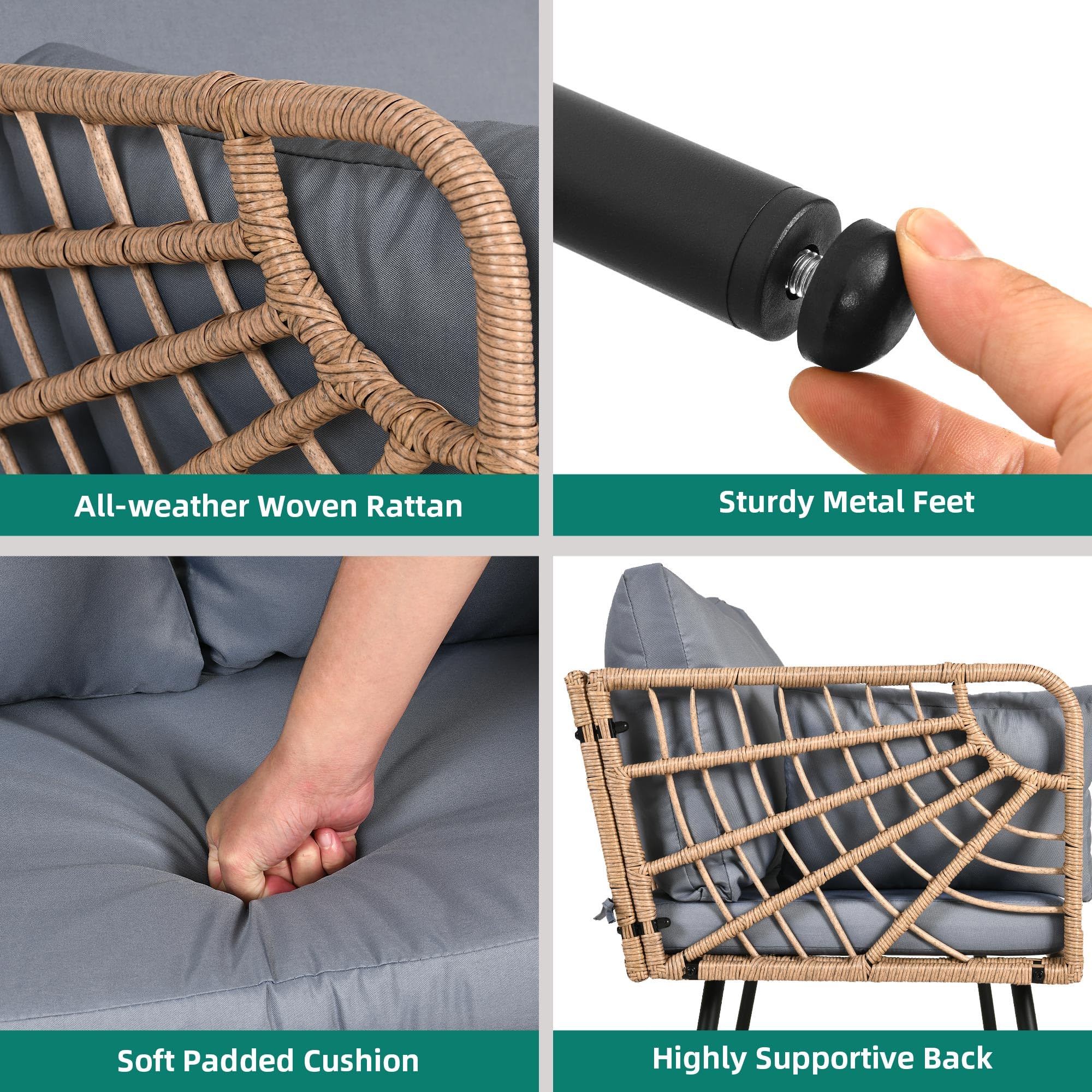 YITAHOME Wicker Outdoor Loveseat, All-Weather Patio Sofa for Balcony, Backyard, Pool, Porch, Deck, Outdoor Sectional Furniture Set with Table & Cushions - Grey
