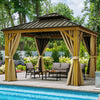 YITAHOME 10x10ft Hardtop Gazebo with Nettings and Curtains, Wood Grain Heavy Duty Double Roof Galvanized Steel Outdoor Combined of Vertical Stripes Roof for Patio, Backyard, Deck, Lawns, Brown