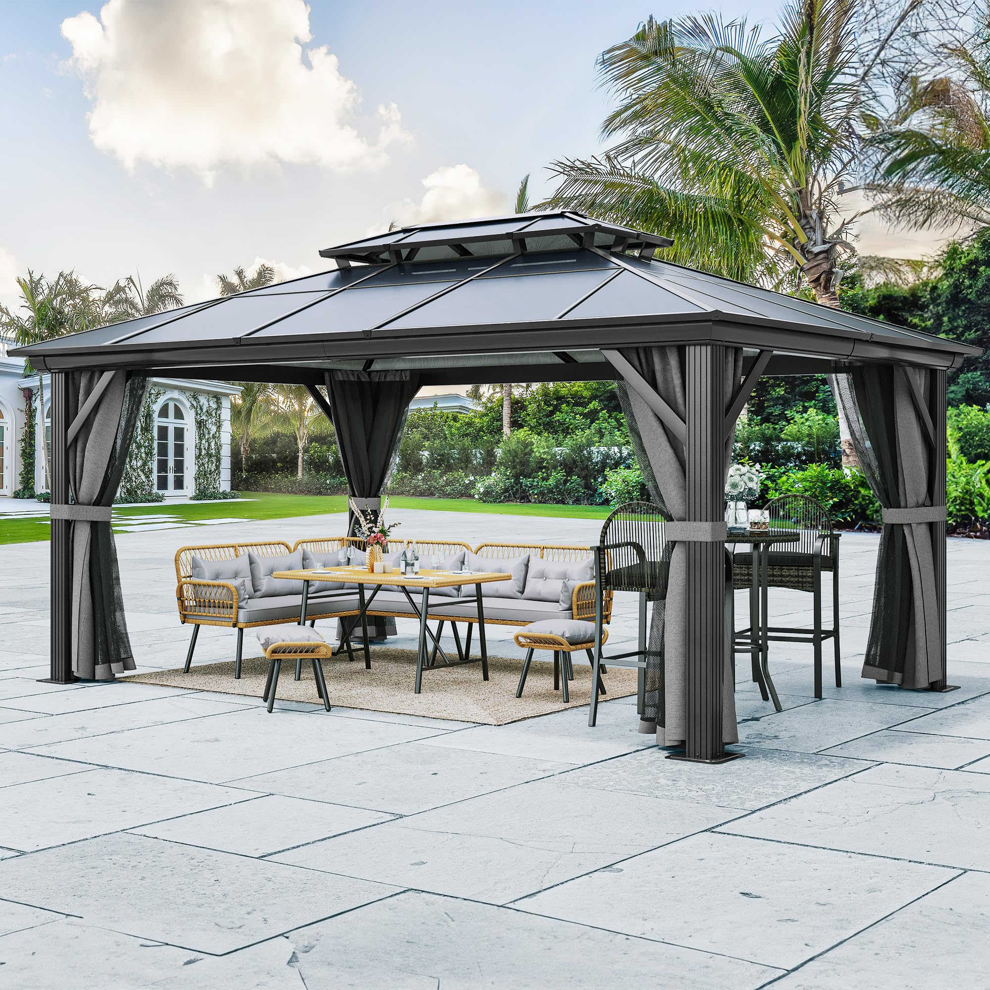 YITAHOME 12x16FT Gazebo Hard-Top Double Roof Canopy Outdoor with Netting and Shaded Curtains, Aluminum Frame Polycarbonate Hardtop Garden Tent for Patio, Backyard, Deck and Lawns, Grey