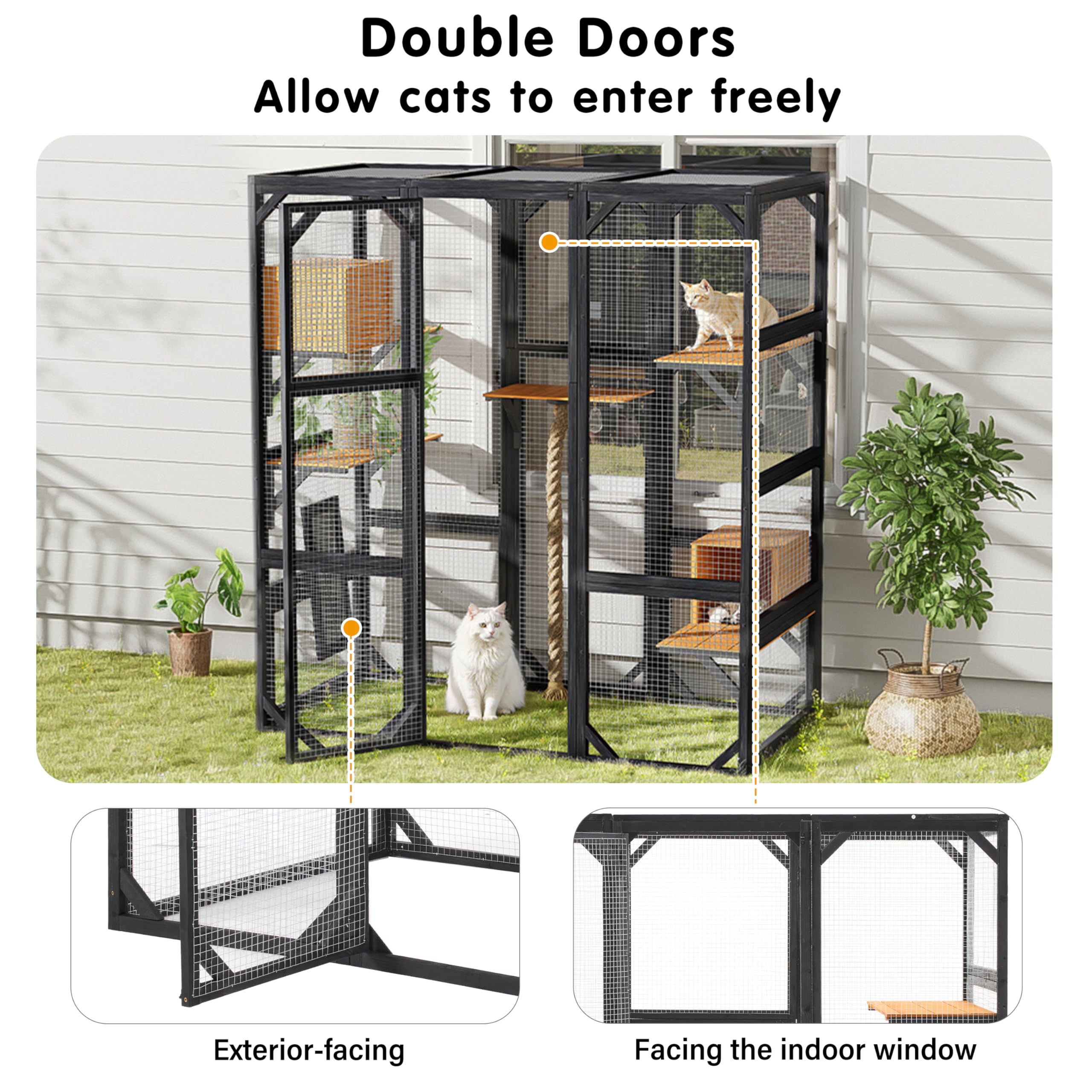 Catio Outdoor Cat Enclosure Window, Large Cat House for Cats, 62.8" L x 32.2" W x68.5 H Walk in Cat Cage with with Platforms and 2 Condos
