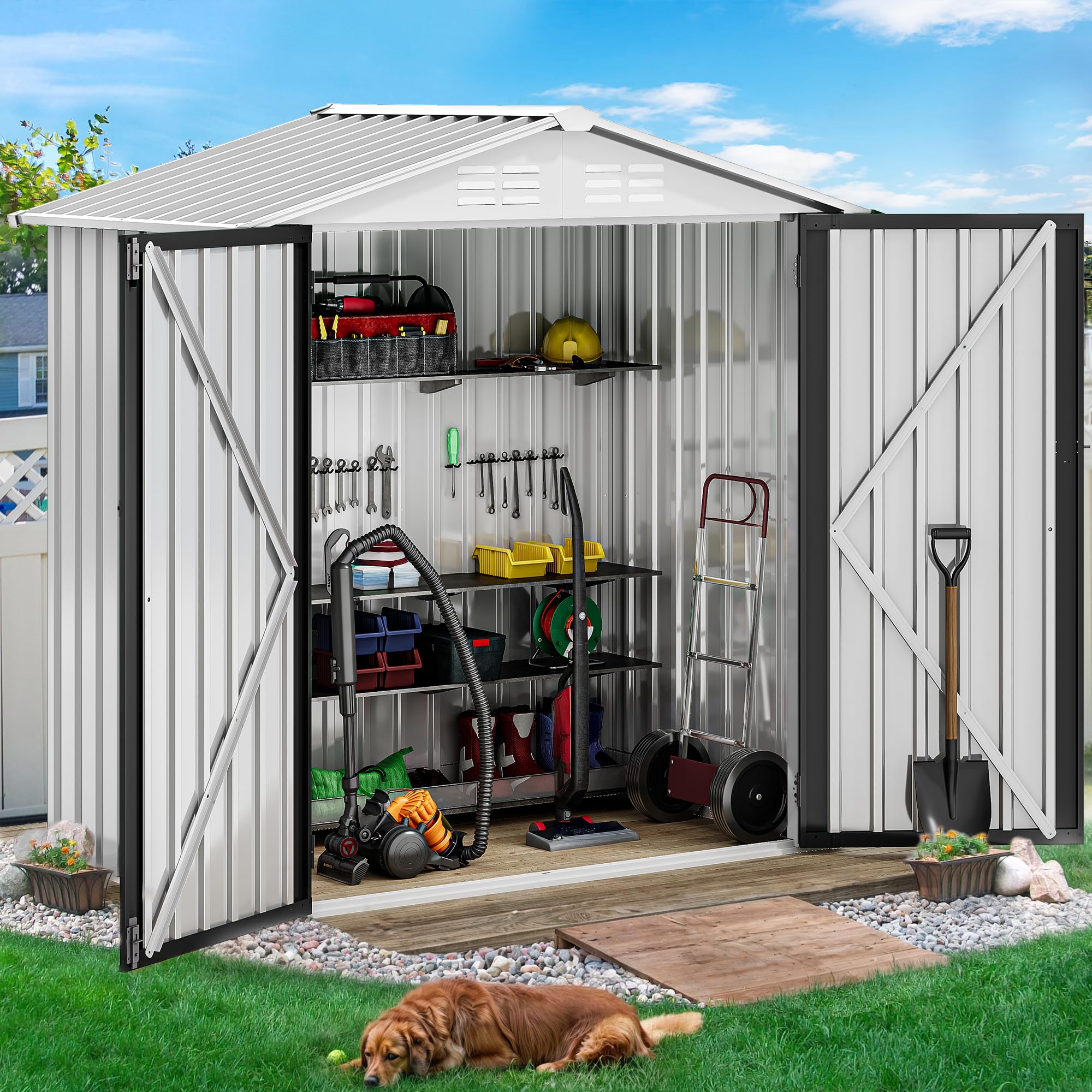 DWVO 5.6' x 3.2' Outdoor Storage Shed, Large Metal Tool Sheds, Heavy Duty Storage House with Lockable Doors & Air Vent for Backyard Patio Lawn to Store Bikes, Tools, Lawnmowers,White