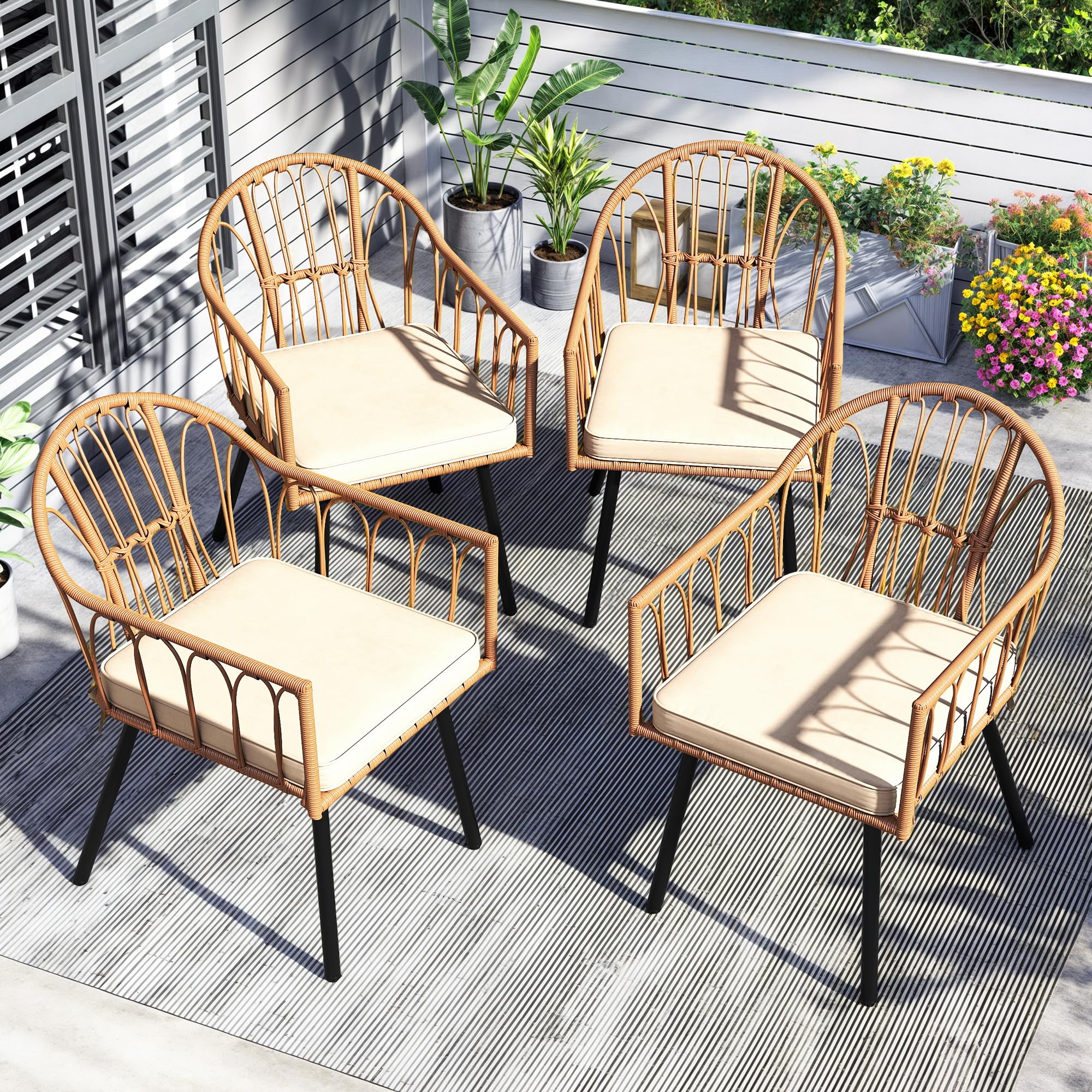 YITAHOME Rattan Outdoor Dining Chairs Set of 4 with Curved Back & Cushions Wicker Bistro Chairs with Armrest Woven Rattan Chair All-Weather Wicker Patio Dining Chair for Outdoor/Indoor, Beige