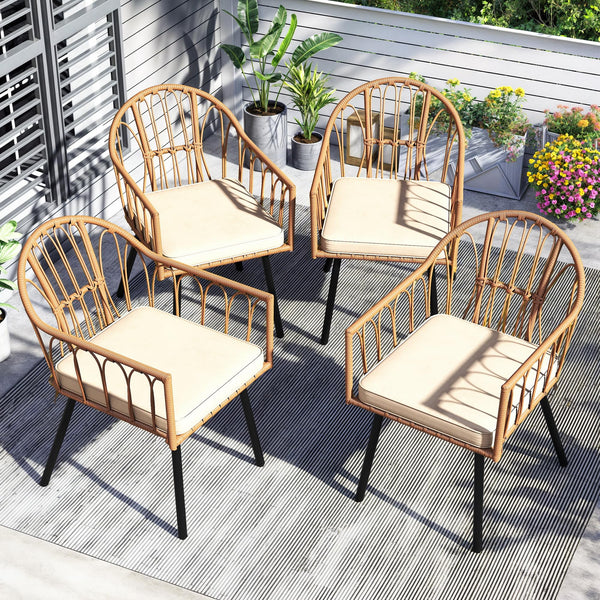 YITAHOME Rattan Outdoor Dining Chairs Set of 4 with Curved Back & Cushions Wicker Bistro Chairs with Armrest Woven Rattan Chair All-Weather Wicker Patio Dining Chair for Outdoor/Indoor, Beige