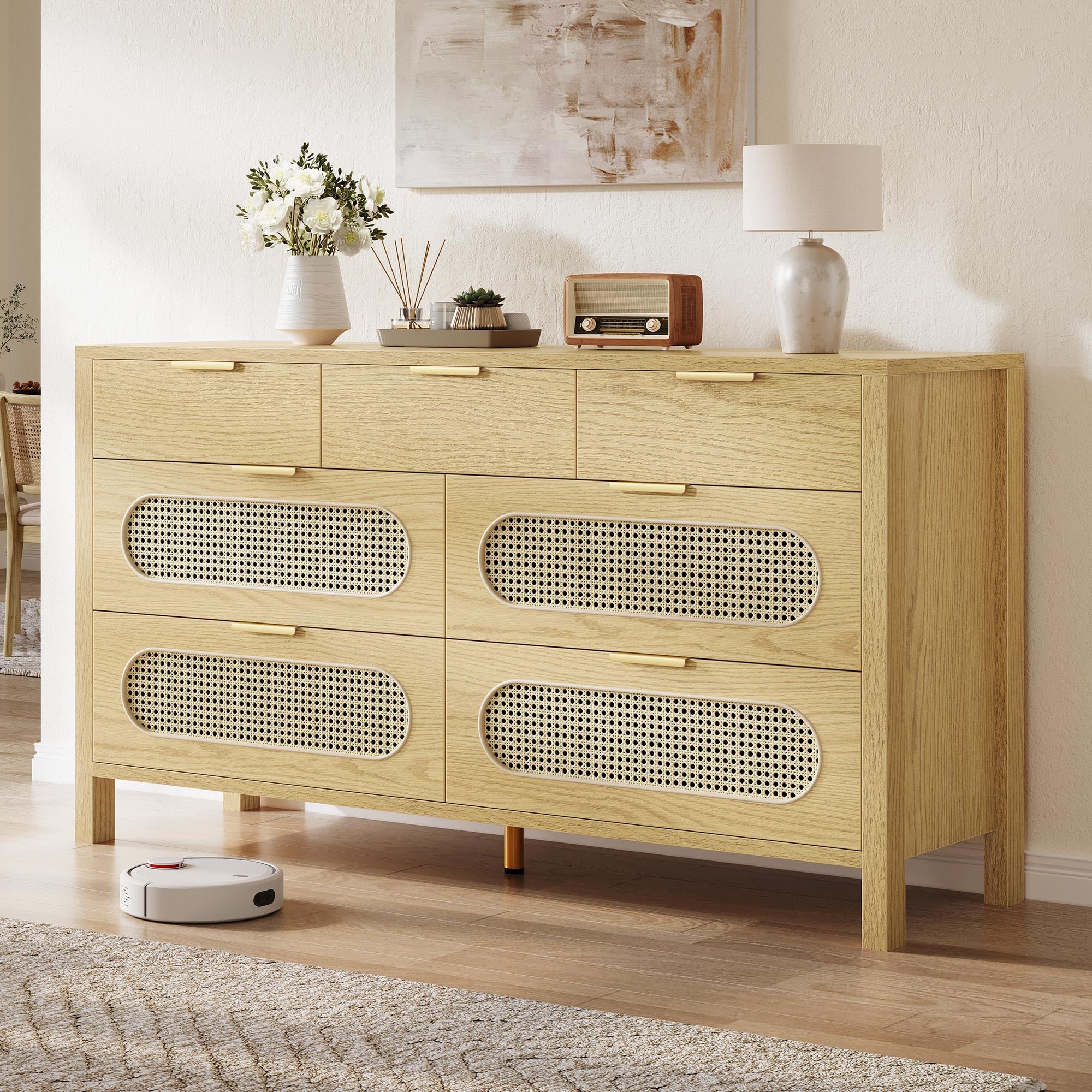 DWVO Natural Rattan 7 Drawer Dressers - Oak Wooden Dresser Chest of Drawers with Golden Handles - Modern Large Closet Boho Dressers Storage Cabinet for Living Room/Hallway/Entryway