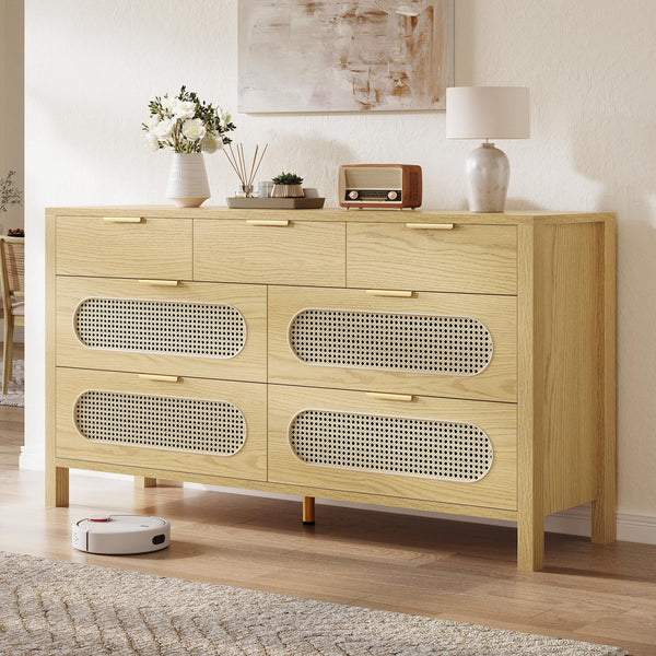 DWVO Natural Rattan 7 Drawer Dressers - Oak Wooden Dresser Chest of Drawers with Golden Handles - Modern Large Closet Boho Dressers Storage Cabinet for Living Room/Hallway/Entryway