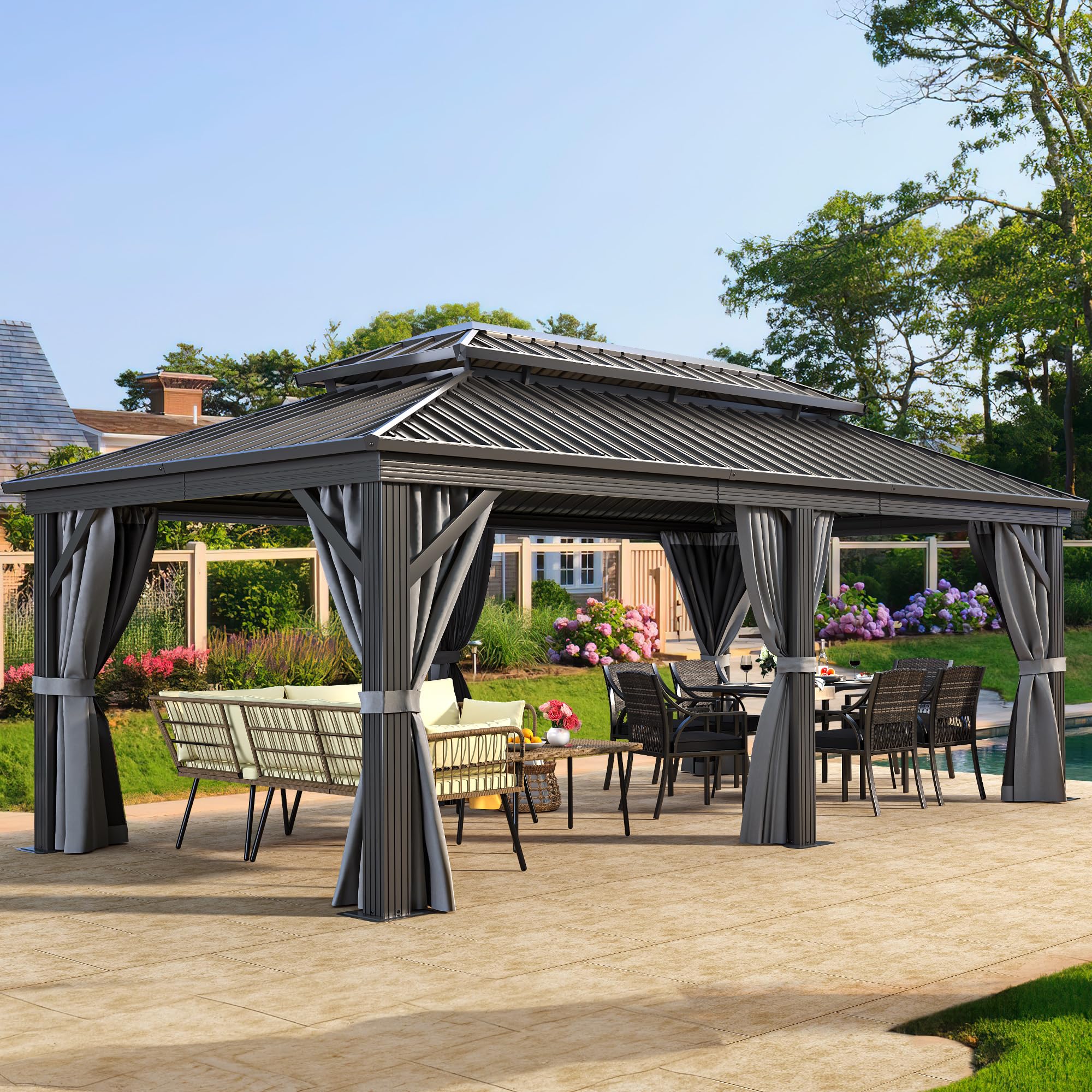 YITAHOME 12X20FT Hard Top Metal Gazebo Patios Double Roof Canopy Aluminum Frame Garden Gazebo Tent Curtains Netting for Patios Backyards Decks Lawns Gray