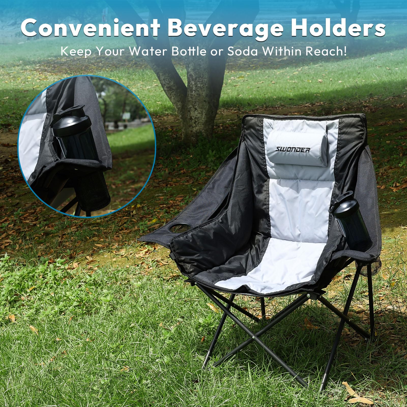 Swonder Oversized Moon Camping Chair with Innovative 2-in-1 Removable Seat Cushion for All Seasons, Heavy-Duty Fully Padded Folding Outdoor Chair with Headrest and Carry Bag