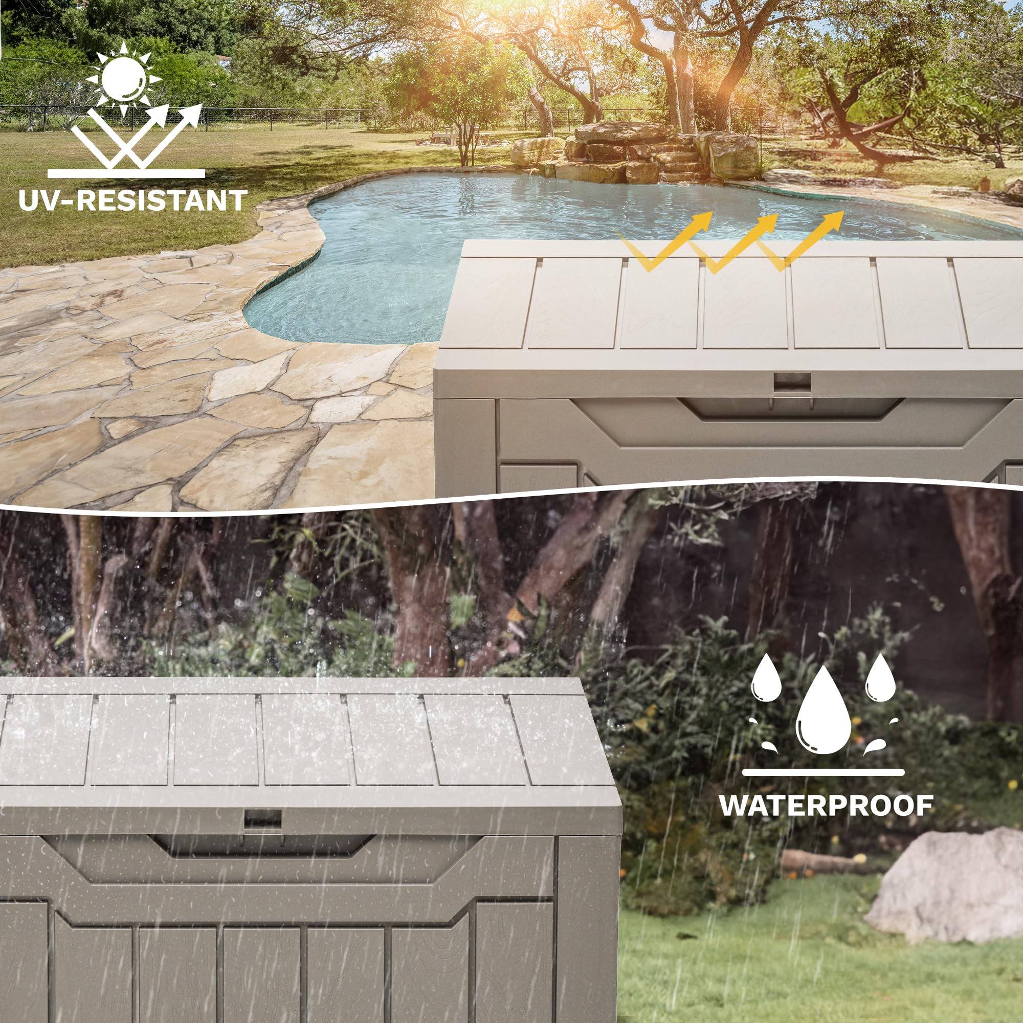 DWVO 30 Gallon Outdoor Storage Deck Box, Resin Patio Storage for Gardening Tools, Patio Cushions, Waterproof and Lockable (Light Brown)