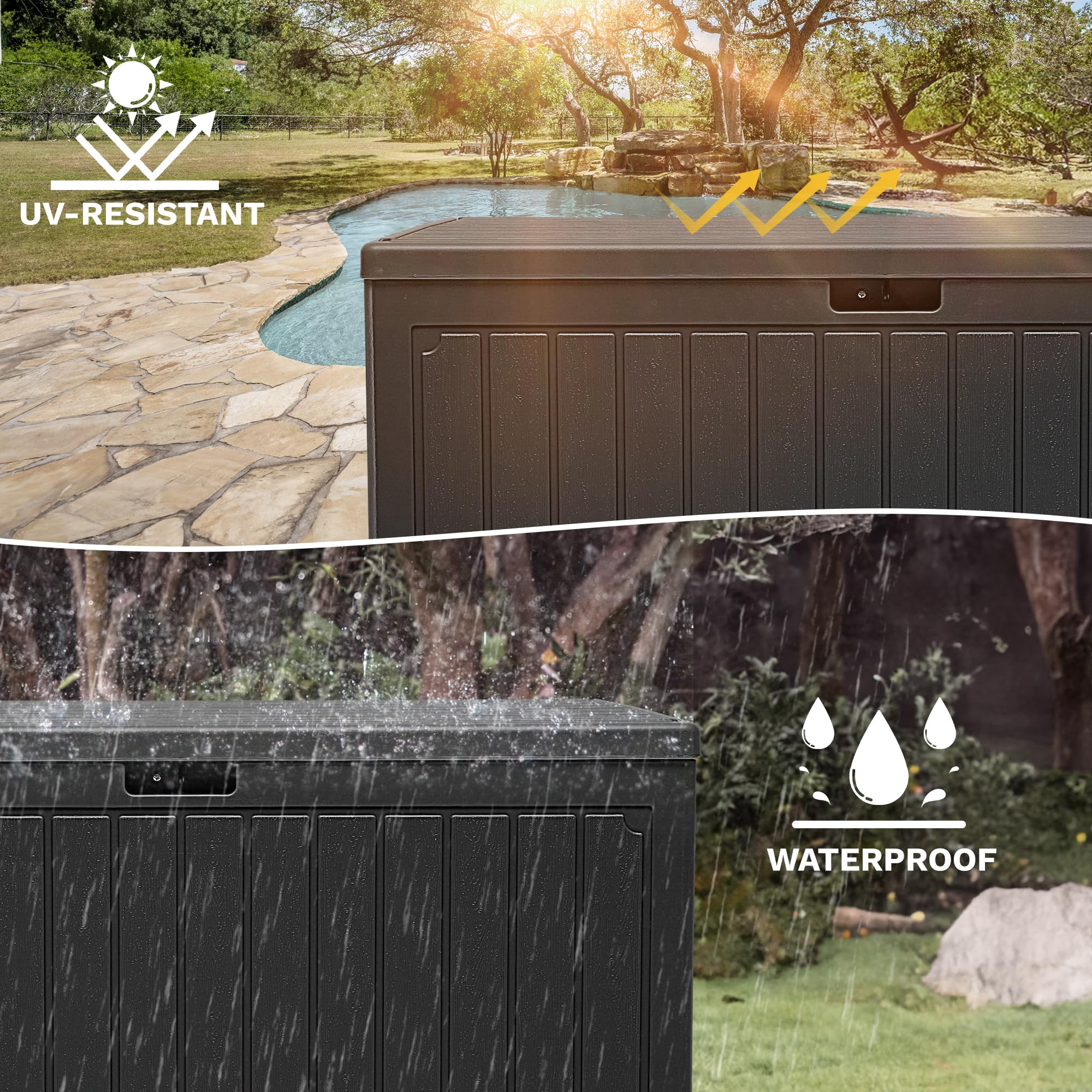 DWVO 90 Gallon Resin Outdoor Storage Box, XXL Double-Wall Waterproof Deck Box, Doubles as Table or Seating with 450 lbs Capacity, Lockable (Black)
