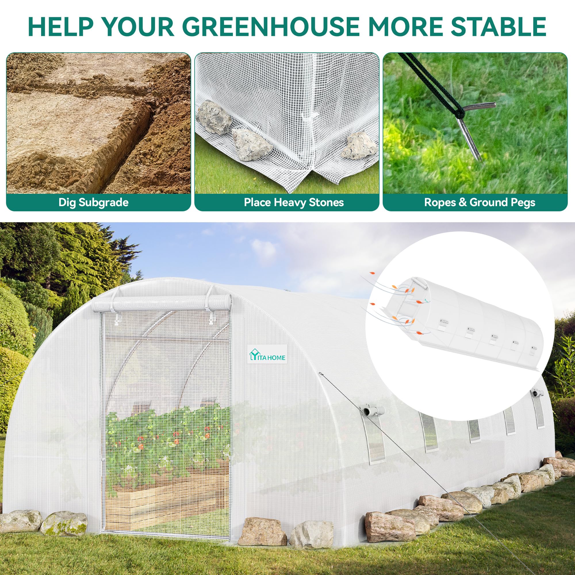YITAHOME 26'x10'x6.5' Greenhouses Heavy Duty Large Greenhouses Walk in Green Houses Tunnel Green House Outdoor Gardening Upgraded Galvanized Steel Ropes Zipper Doors, White