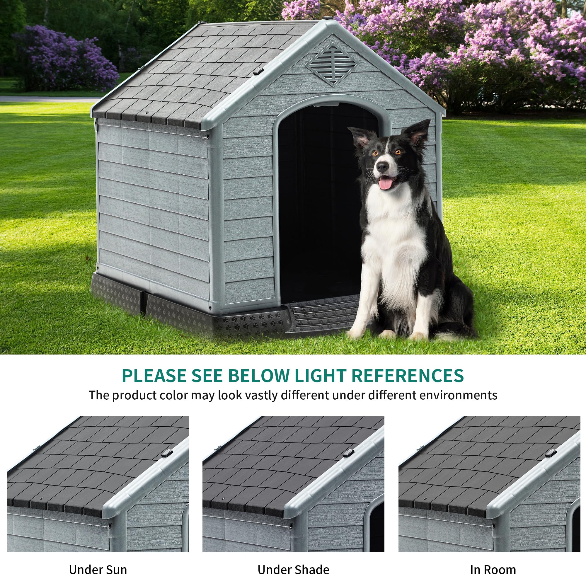 YITAHOME 34.5'' Large Plastic Dog House Outdoor Indoor Doghouse Puppy Shelter Water Resistant Easy Assembly Sturdy Dog Kennel with Air Vents and Elevated Floor (34.5''L*31''W*32''H, Black+Gray)