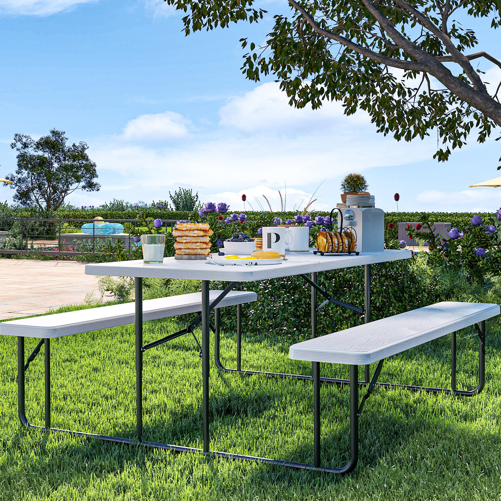 YITAHOME 6FT Large Folding Picnic Table w/Easy Assembly Steel Frame & Wood Like Tabletop, All Weather Folding Picnic Tables with Benches Ideal for Yard Patio Lawn Party, White