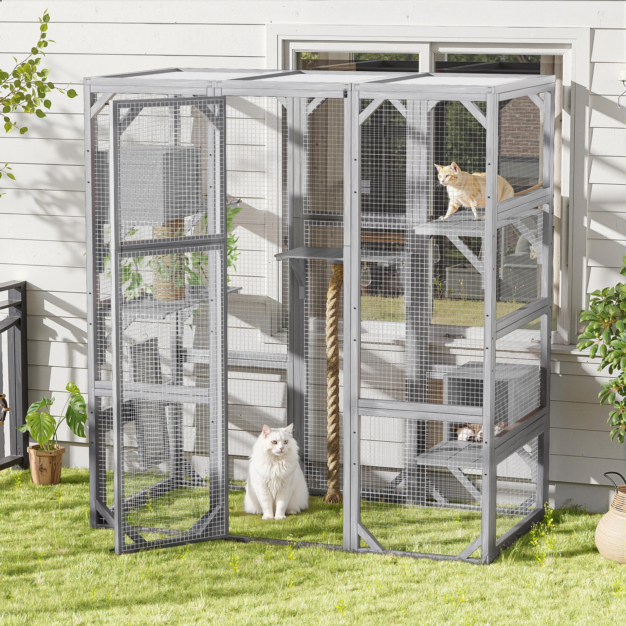 Outdoor Cat House Large Cat Enclosure, Window Catio Walk in Cage with Scratching Post, Platforms and 2 Condos, Cattery Outside Patio Cat Playpen for Mulitiple Cats