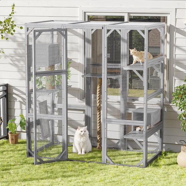 Outdoor Cat House Large Cat Enclosure, Window Catio Walk in Cage with Scratching Post, Platforms and 2 Condos, Cattery Outside Patio Cat Playpen for Mulitiple Cats