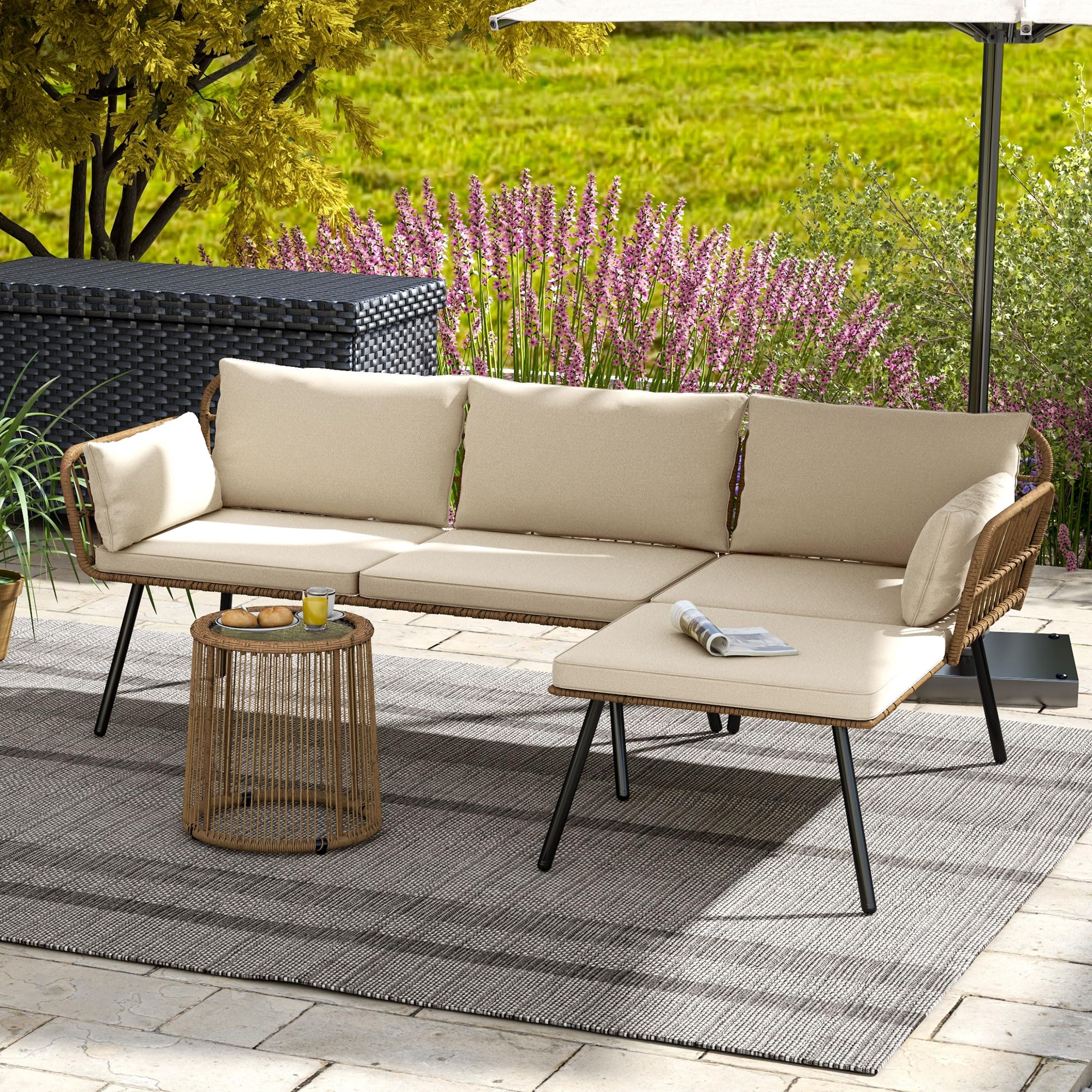 DWVO 3 Pieces Patio Furniture Set, Wicker Conversation Sectional Sofa, L-Shaped Sofa with 4 Seater for Backyard, Porch, Boho Detachable Lounger with Cushions and Coffee Table - Beige