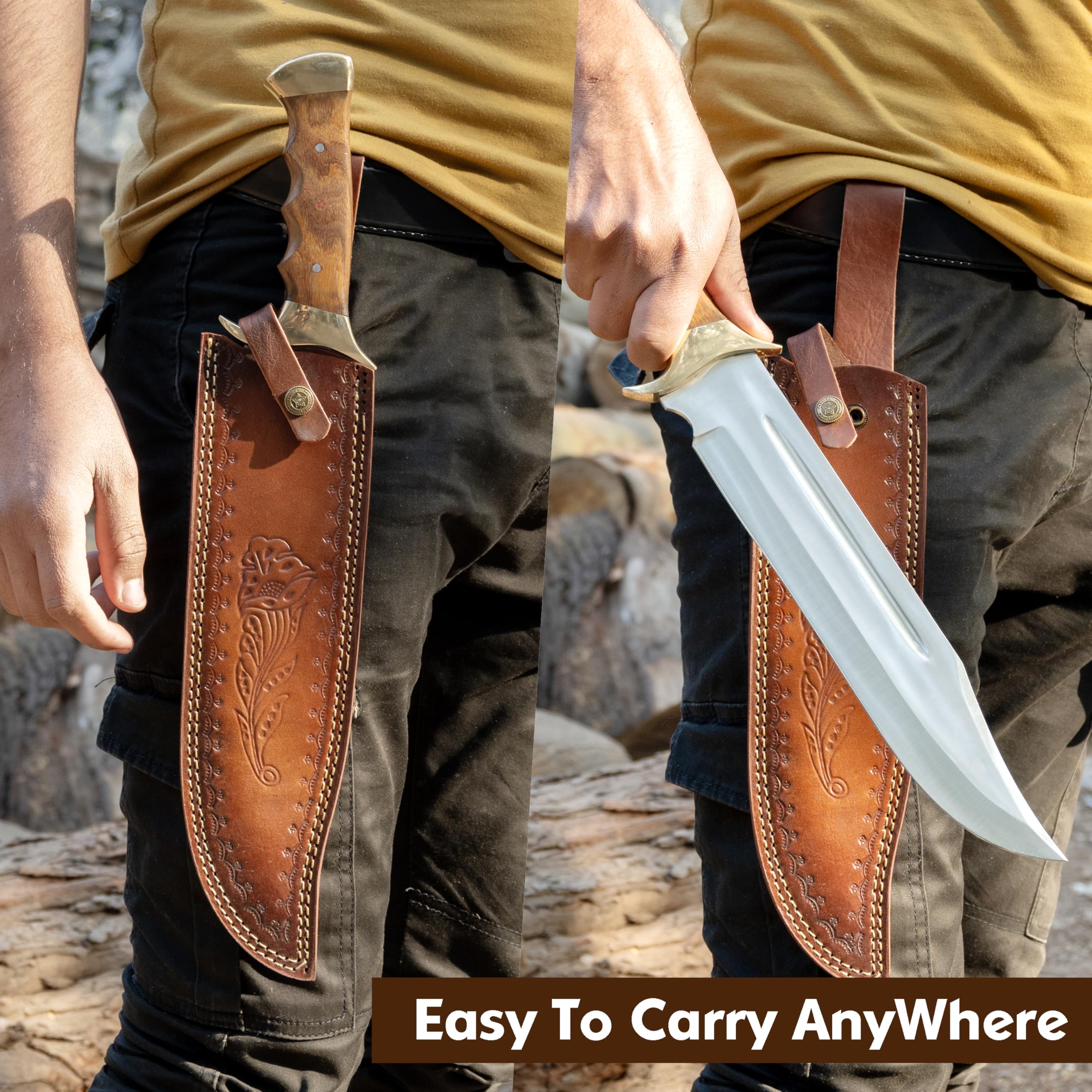 Handmade D2 Steel 18 Inches Large Bowie Knife, Full Tang Fixed Blade With Rosewood Handle and Brass Guard Hunting Knife with Leather Sheath Ideal for Camping, Hiking, Survival