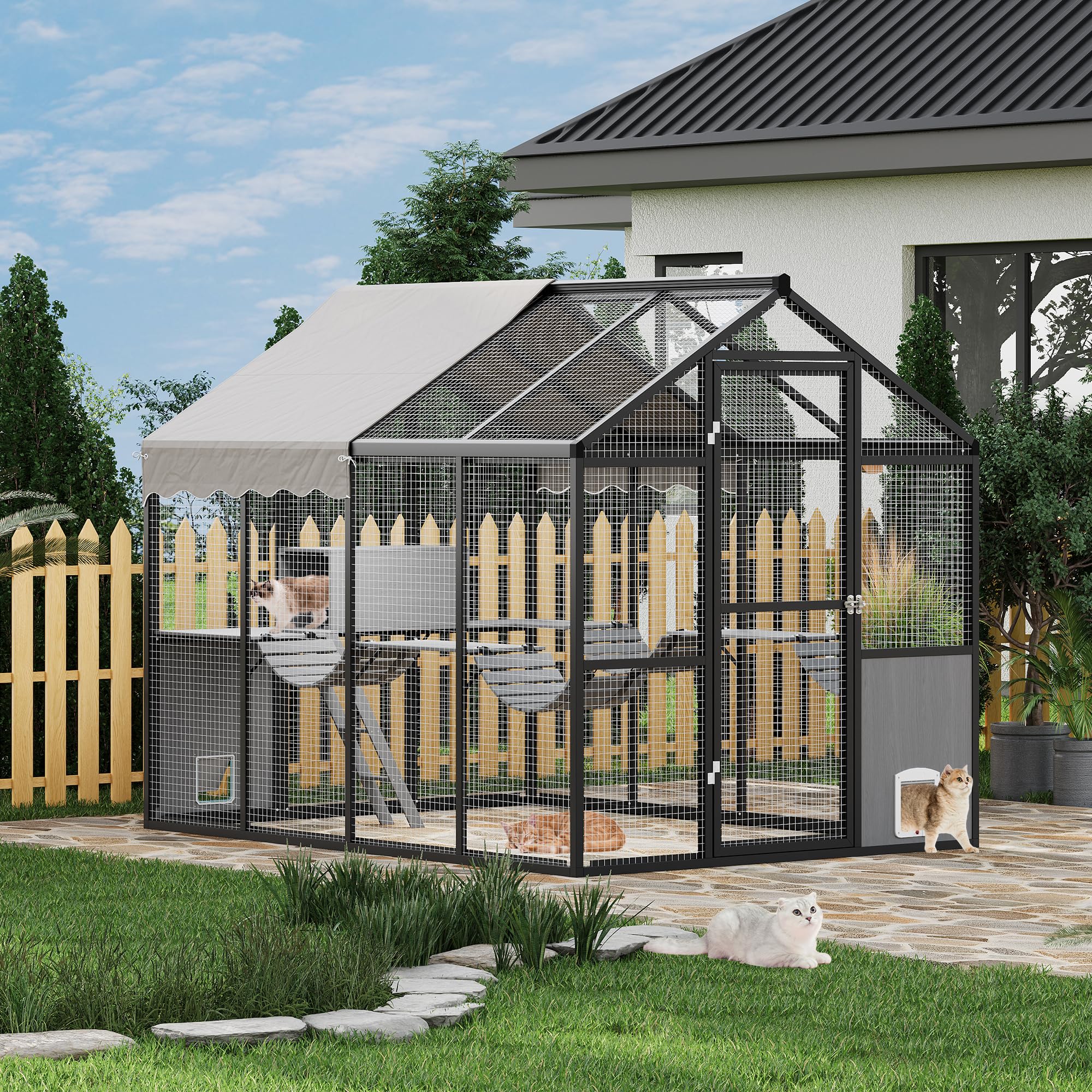 Aluminum Walk-In Large Outdoor Cat Enclosure, Large Outdoor Catio for Multiple Cats, Outside Cattery with Weatherproof Roof with Channels, Side Door, UV Proof Cover, Huge Condo, Platform