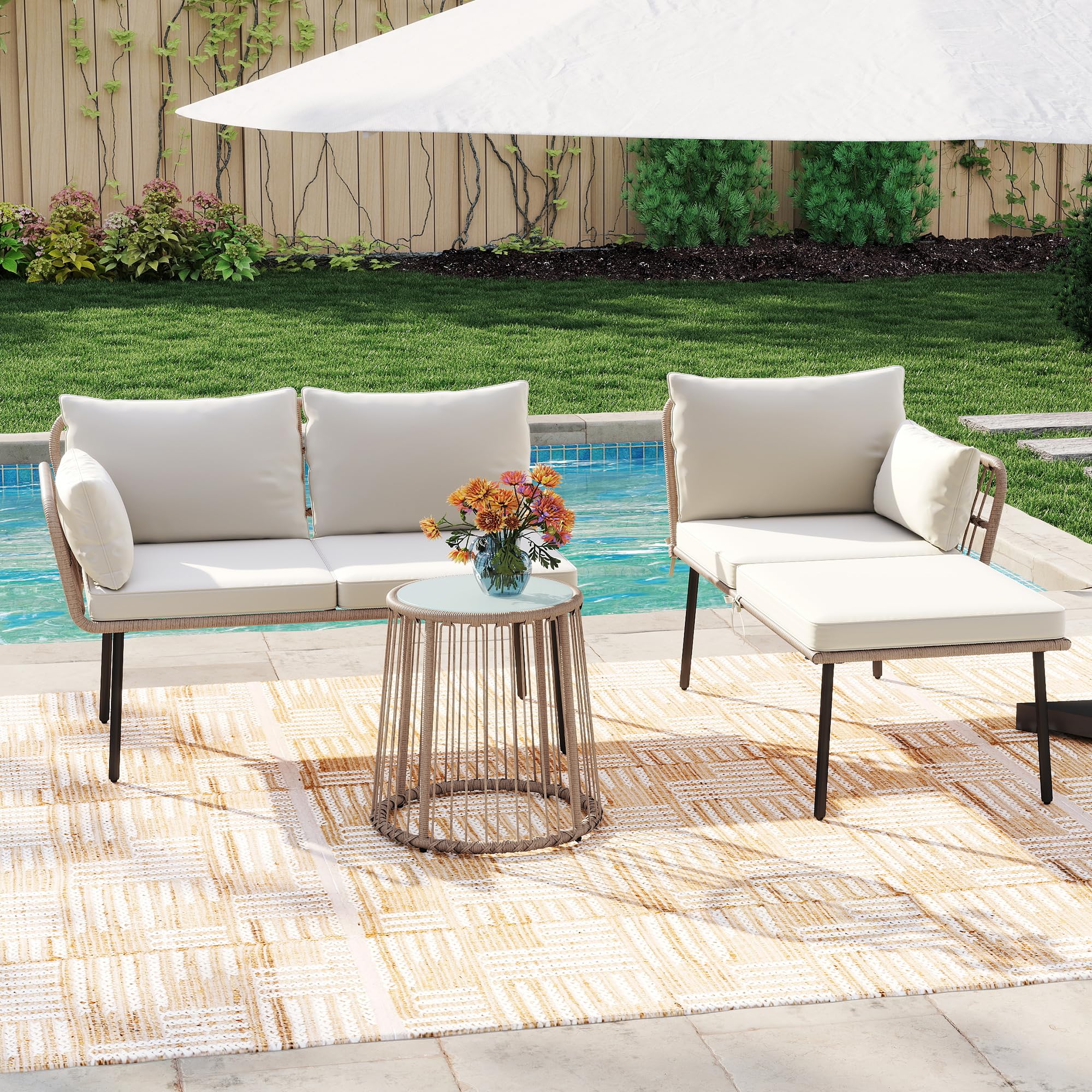 YITAHOME 3 Pieces Patio Furniture Set, Outdoor Wicker Conversation Sectional L-Shaped Sofa with 4 Seater for Backyard, Porch, Boho Detachable Lounger with Cushions and Coffee Table - Beige