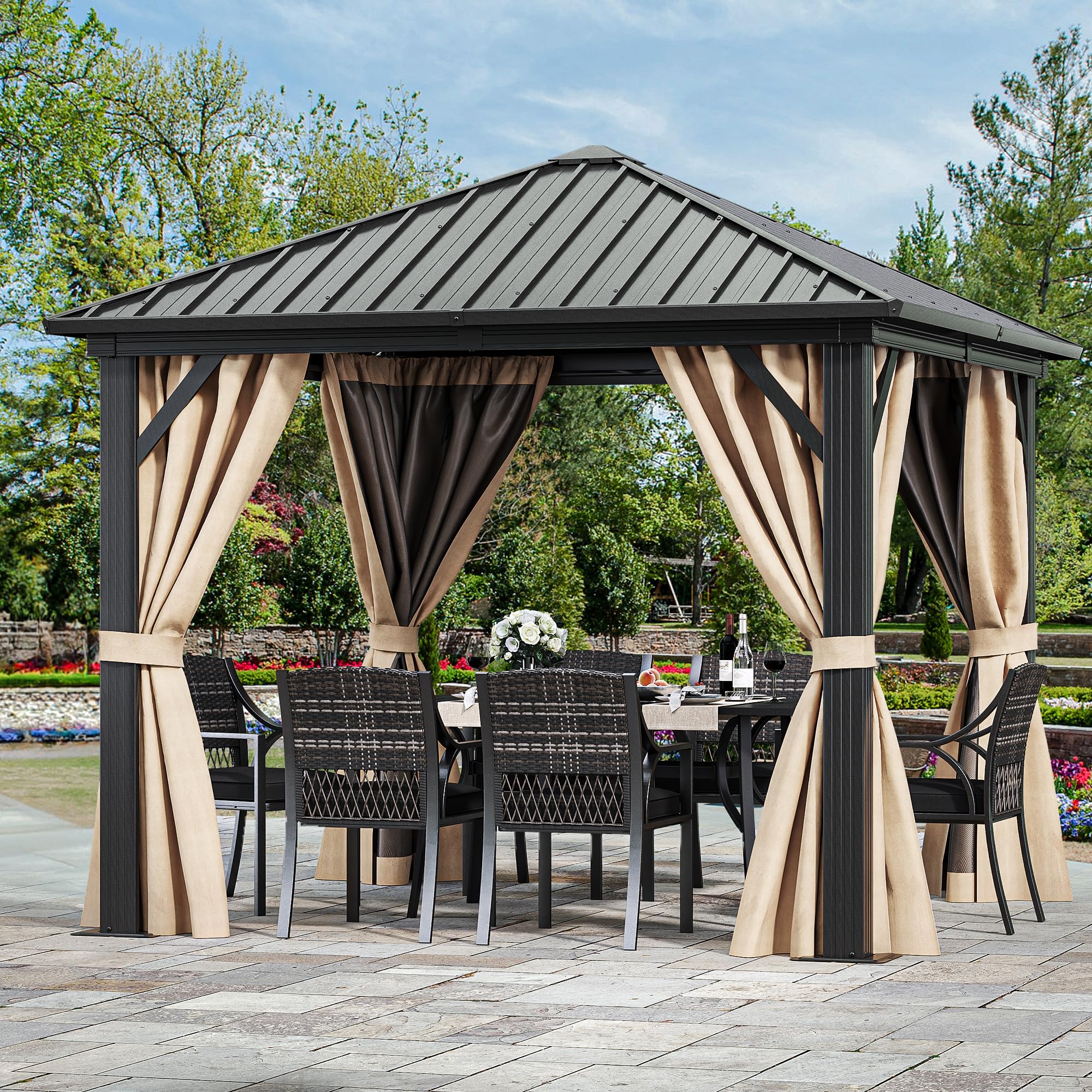 YITAHOME 10X10FT Metal Hardtop Gazebo Outdoor Patio Single Top Canopy Galvanized Iron Aluminum Column Garden Tent Curtains Netting for Backyards Decks Lawns,Brown