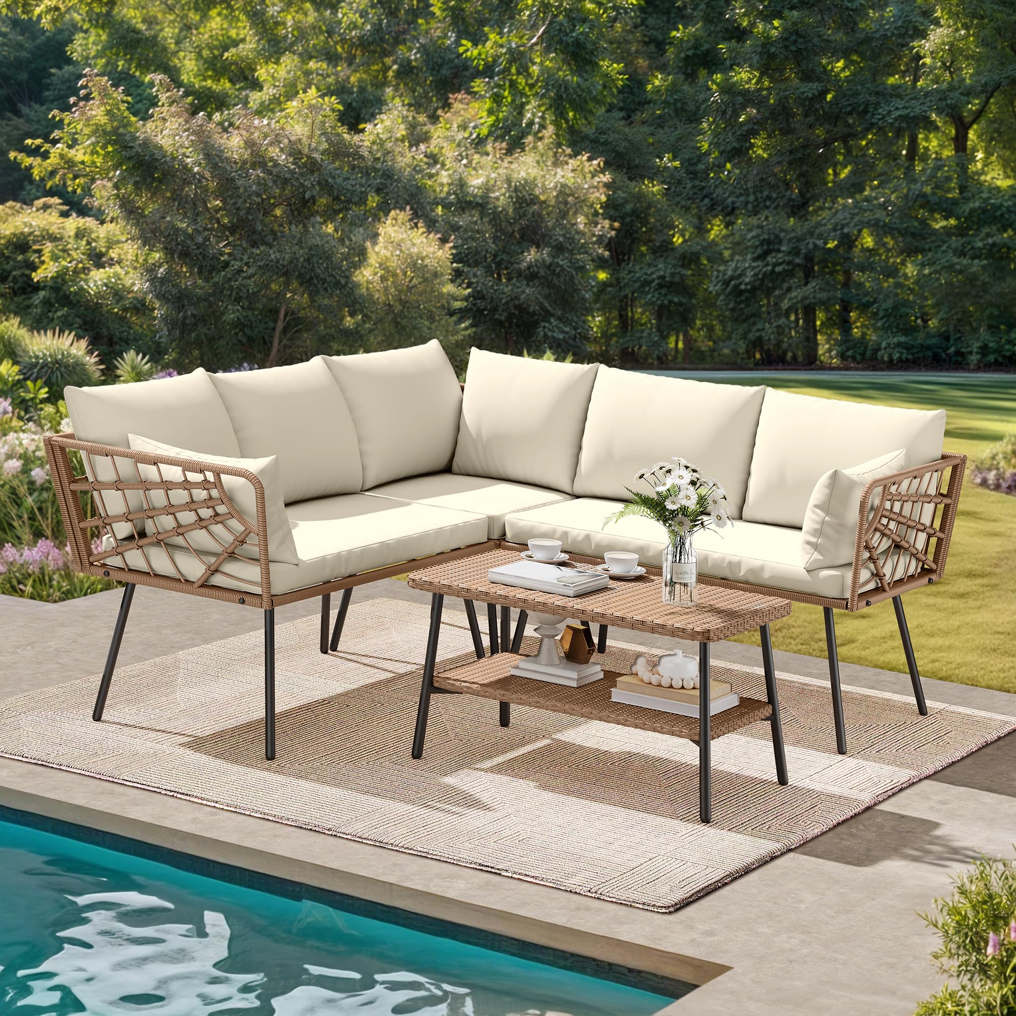 DWVO 4 Pieces Patio Furniture Set Outdoor Wicker Conversation Sectional L-Shaped Sofa with 2-Tier Coffee Table and Thick Cushions Outdoor sectional with 5 Seater for Backyard Porch (Beige)
