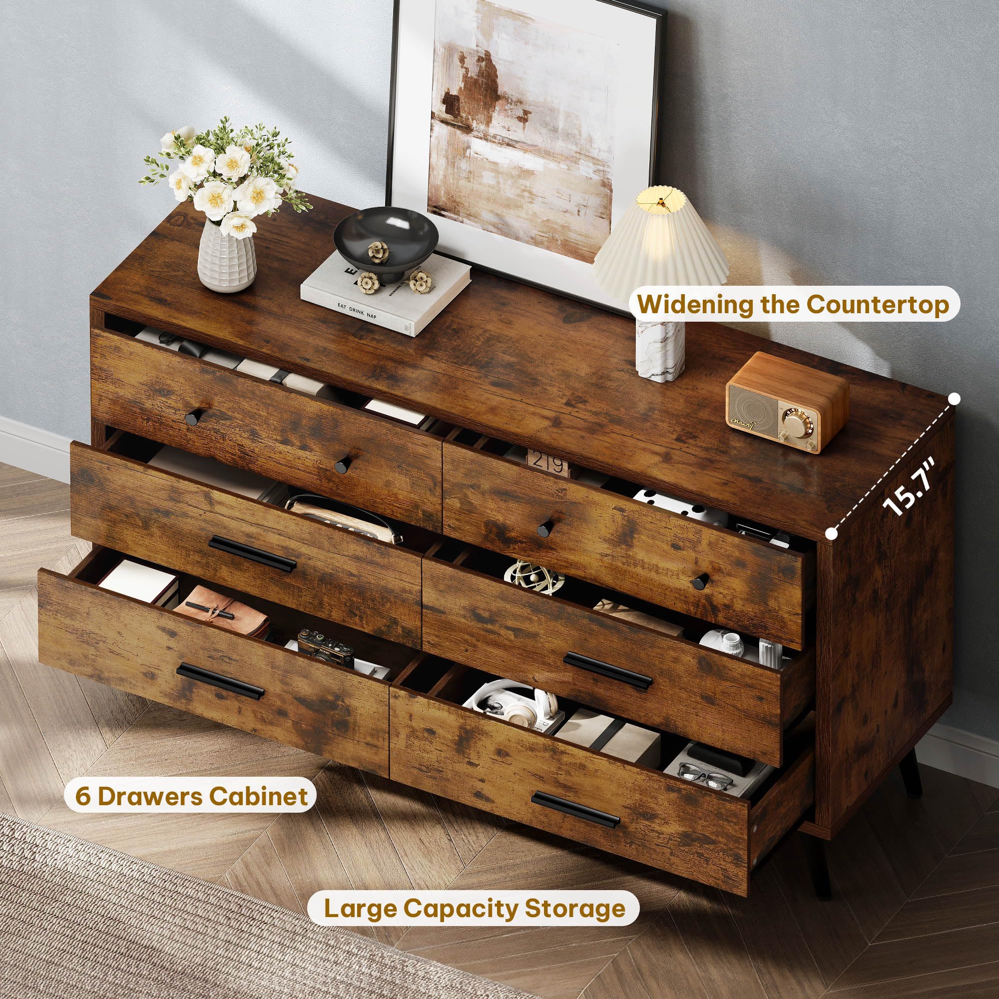 DWVO Rustic Brown 6 Drawer Dresser, 47" W Large Double Dresser Chest of Drawers, Modern Wood Storage Organizer with Black Metal Handles & Anti-Tipping Device for Hallway, Entryway