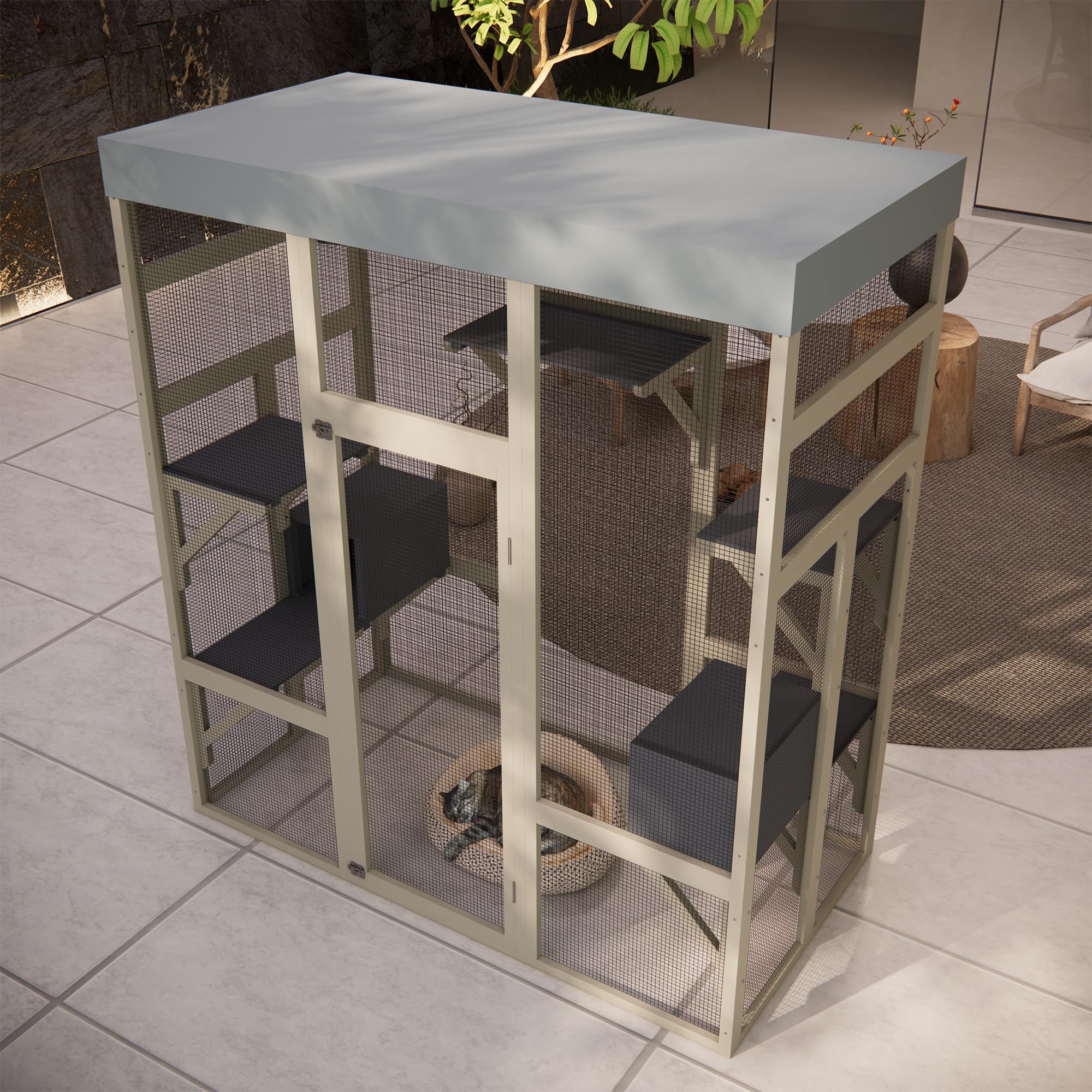 70” Catio Outdoor Cat Enclosure, Large Wood Cats House, Catio Window Cat Enclosure, Jumping Platform & 2 Napping Resting Box