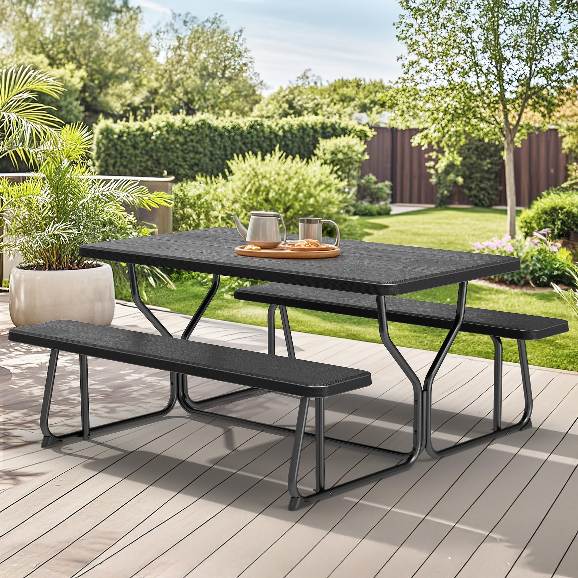 YITAHOME Picnic Table Heavy Duty Outdoor Picnic Table and Bench with Weather Resistant Resin Tabletop & Stable Steel Frame for Yard Patio Lawn Party Black
