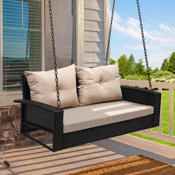 YITAHOME Wicker Hanging Porch Swing Chair 2-Seats Outdoor Black Rattan Patio Swing Lounge w/ 2 Back Cushions Capacity 530lbs for Garden, Balcony, Living Room, Beige