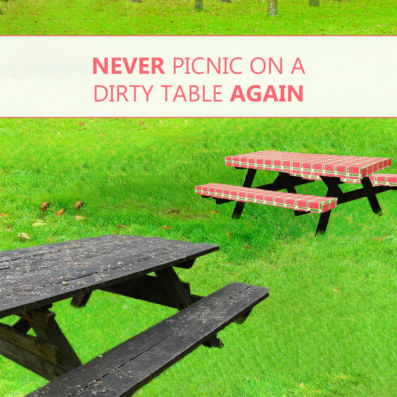LINPRO 6ft Picnic Table Cover with Bench Covers Vinyl Fitted Picnic Table Covers with Elastic Camping Essentials and Picnic Tablecloth and RV Accessories