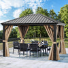 YITAHOME 10x12ft Hardtop Gazebo with Nettings and Curtains, Heavy Duty Galvanized Steel Outdoor Vertical Stripes Roof for Patio, Backyard, Deck, Lawns, Brown